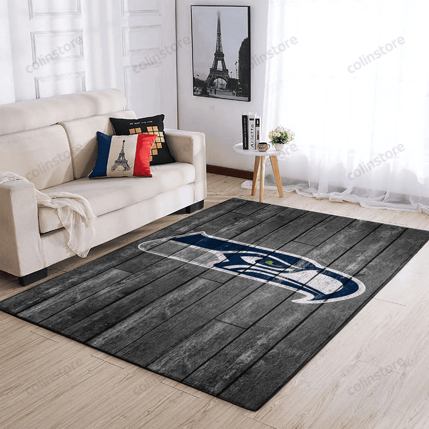 Seattle Seahawks Team Logo Grey Wooden Rectangle Area Rug – Full Print Carpet For Living Room & Bedroom Home Decor