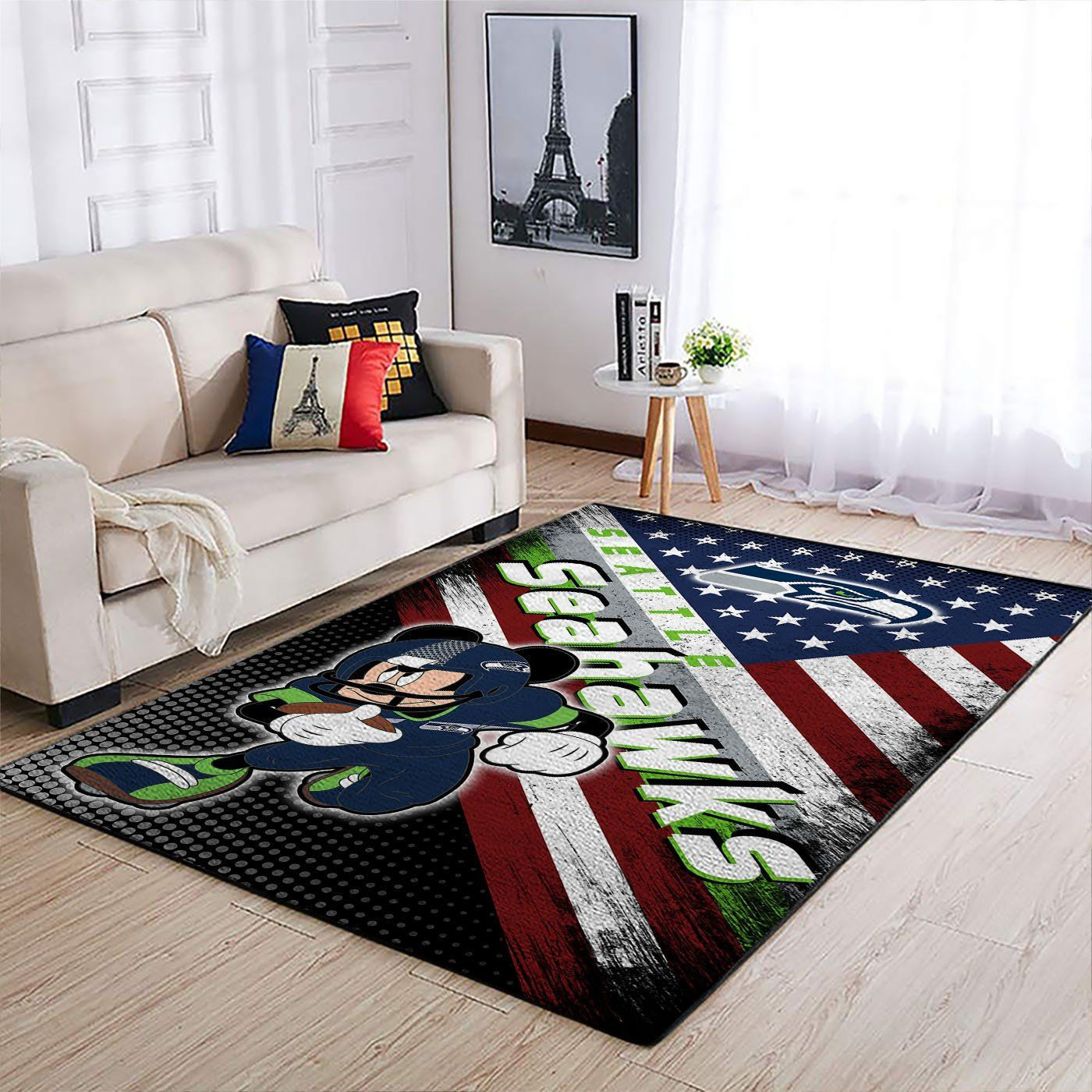 Seattle Seahawks Team Logo Mickey Us Rectangle Area Rug – Full Print Carpet For Living Room & Bedroom Home Decor