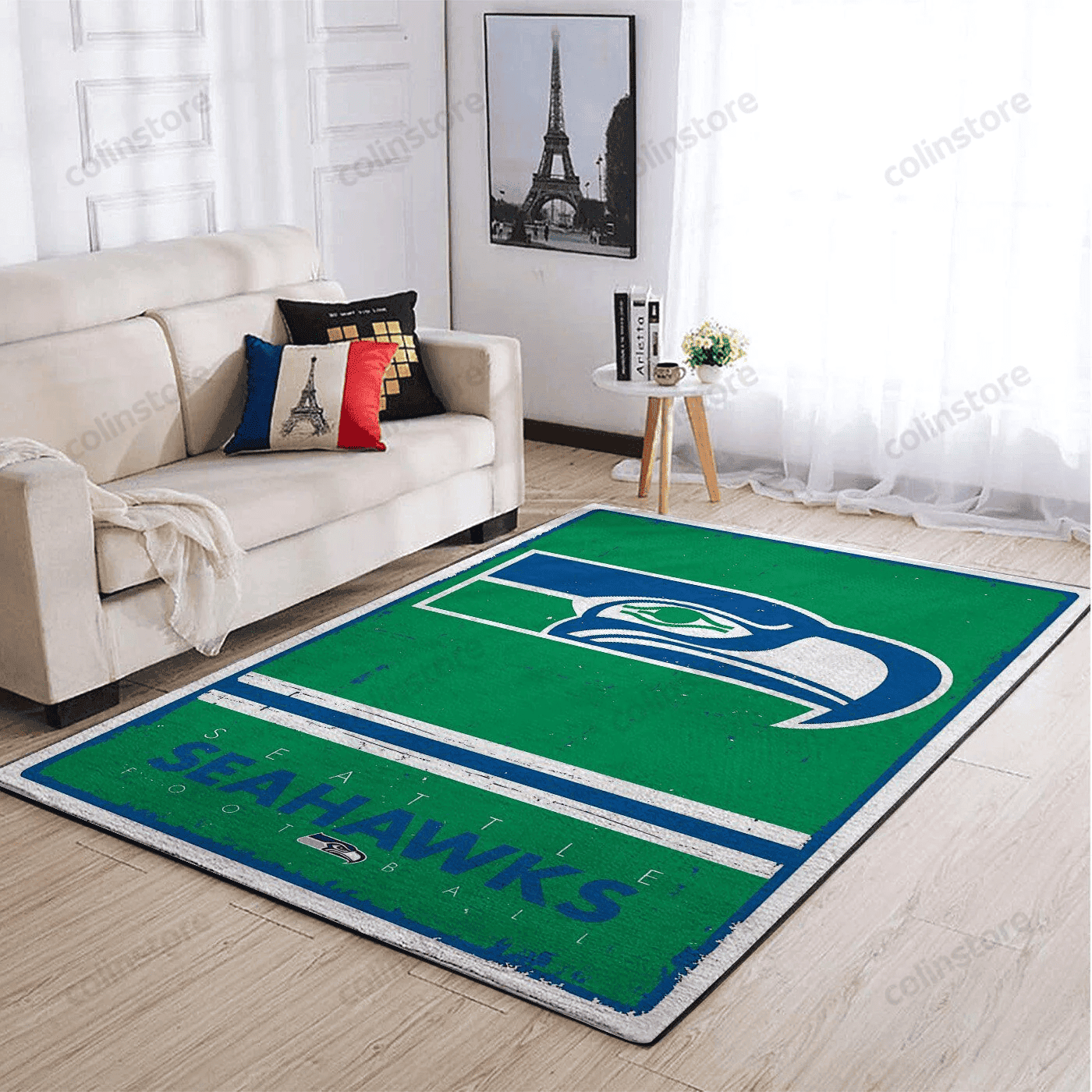 Seattle Seahawks Team Logo Retro Rectangle Area Rug – Full Print Carpet For Living Room & Bedroom Home Decor
