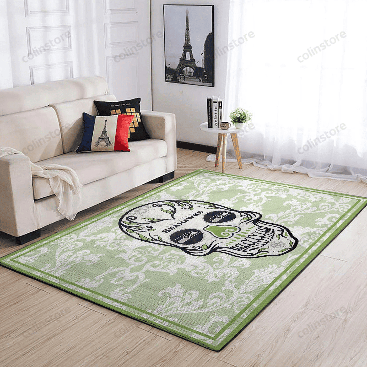 Seattle Seahawks Team Logo Skull Flower Rectangle Area Rug – Full Print Carpet For Living Room & Bedroom Home Decor