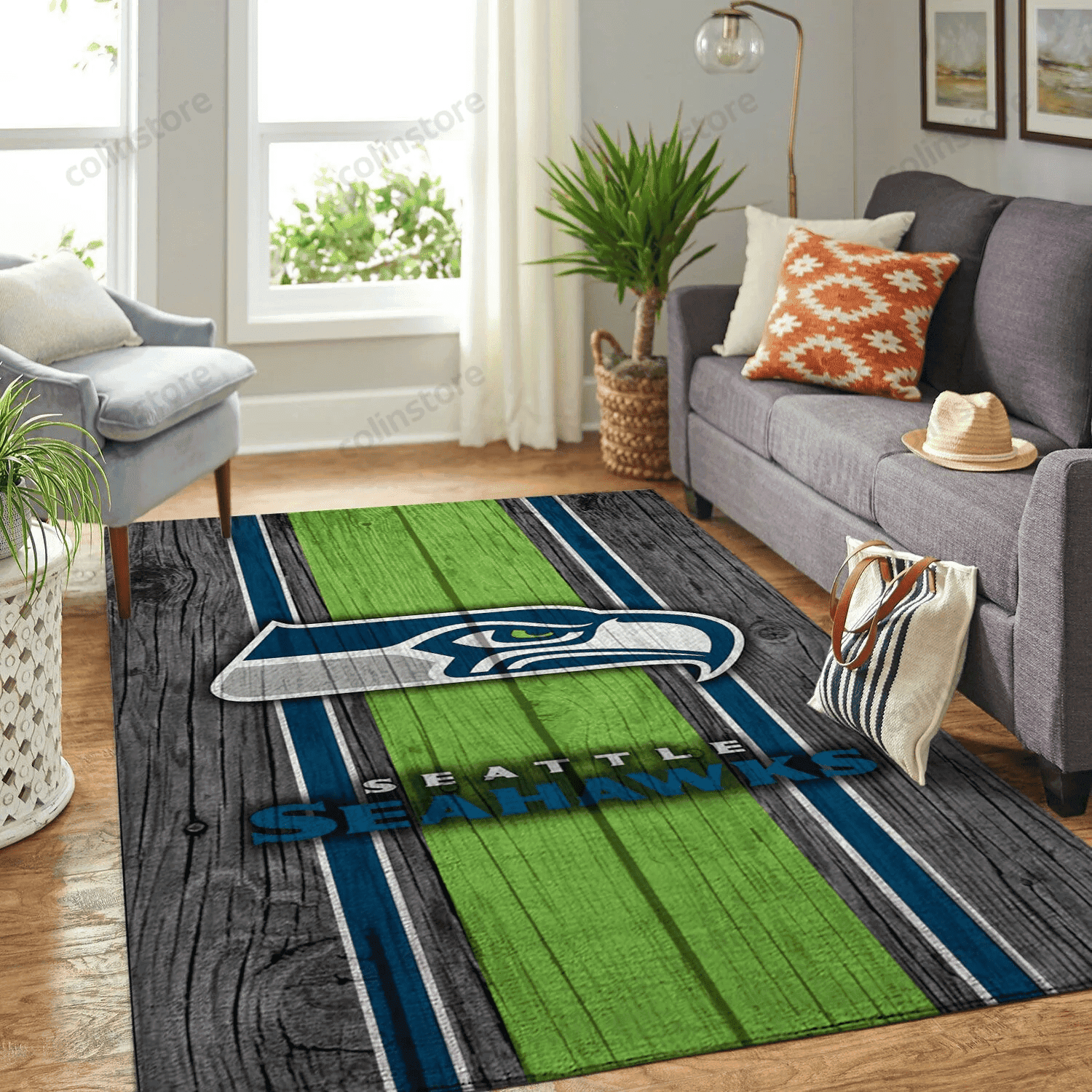 Seattle Seahawks Team Logo Wooden Rectangle Area Rug – Full Print Carpet For Living Room & Bedroom Home Decor