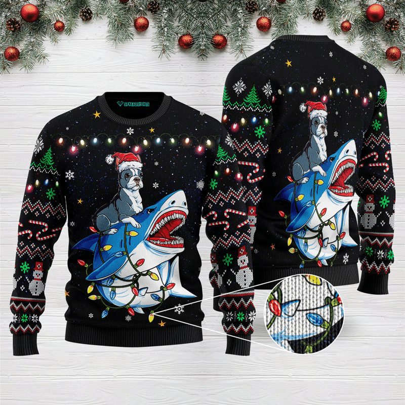 Shark Boston Terrier Ugly Christmas Sweater Perfect Holiday Gift