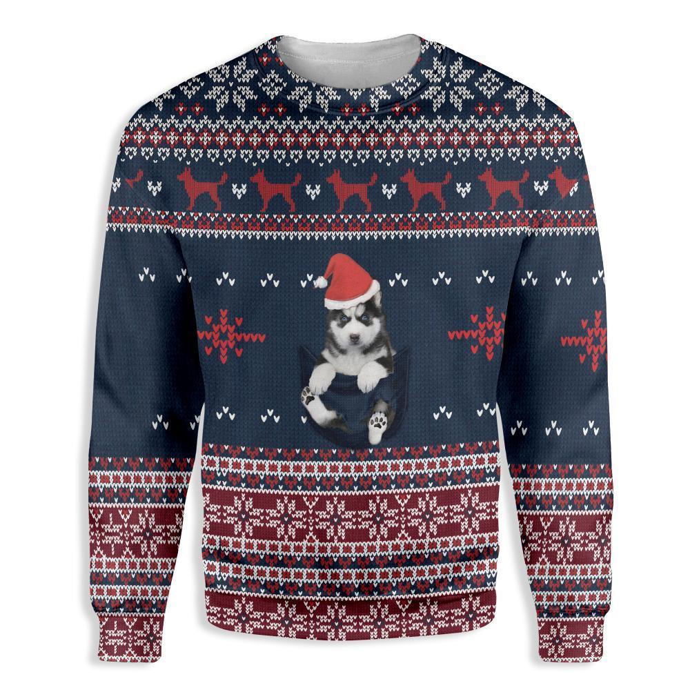 Siberian Husky In Pocket Ugly Christmas Sweater, Perfect Holiday Gift