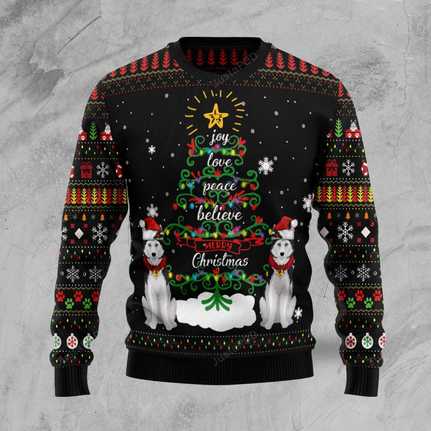 Siberian Husky Joy Love Peace Believe Ugly Christmas Sweater,