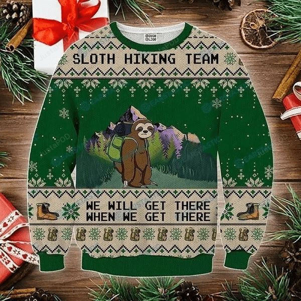 Sloth Hiking Team Green Ugly Christmas Sweater, Perfect Holiday Gift