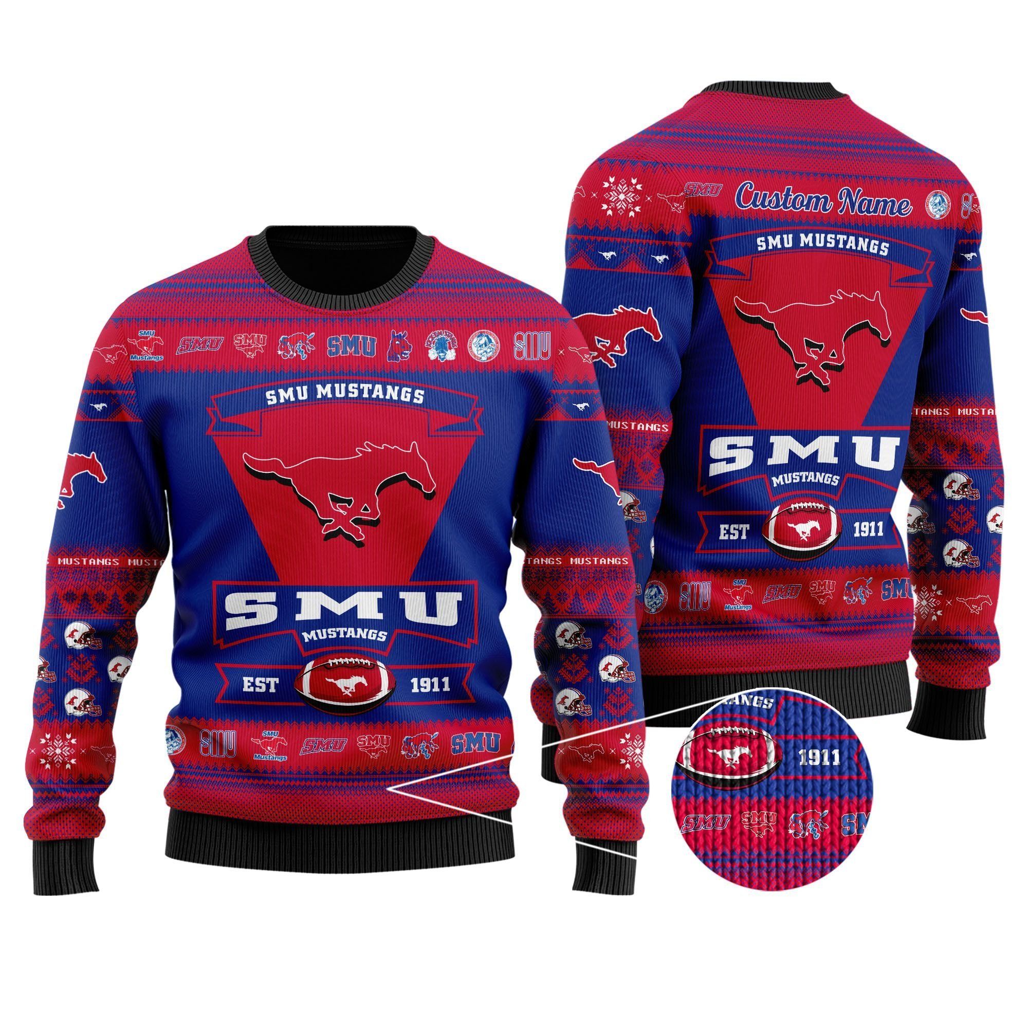 SMU Mustangs Football Team Logo Custom Name Personalized Ugly Christmas Sweater Holiday Party Men Women Plus Size