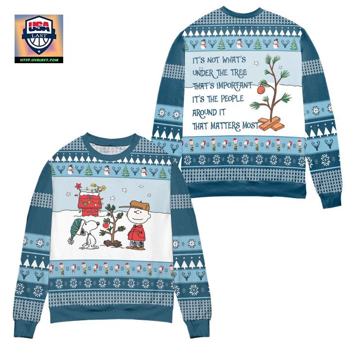 Snoopy And Charlie Brown Its Not What Under The Tree Ugly Christmas Sweater White Blue