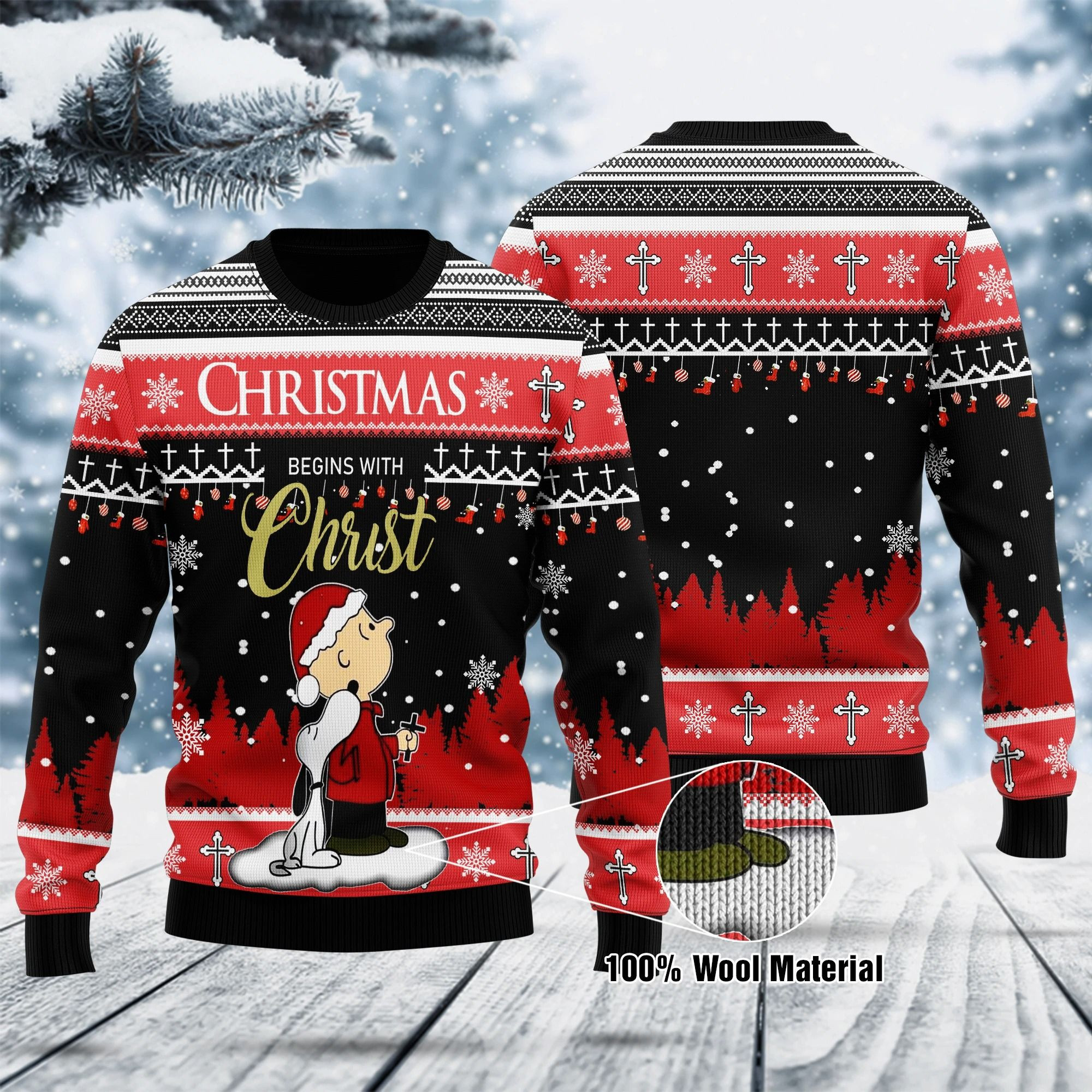 Snoopy And Charlie Christmas Begins With Christ Ugly Christmas Sweater, Perfect Holiday Gift