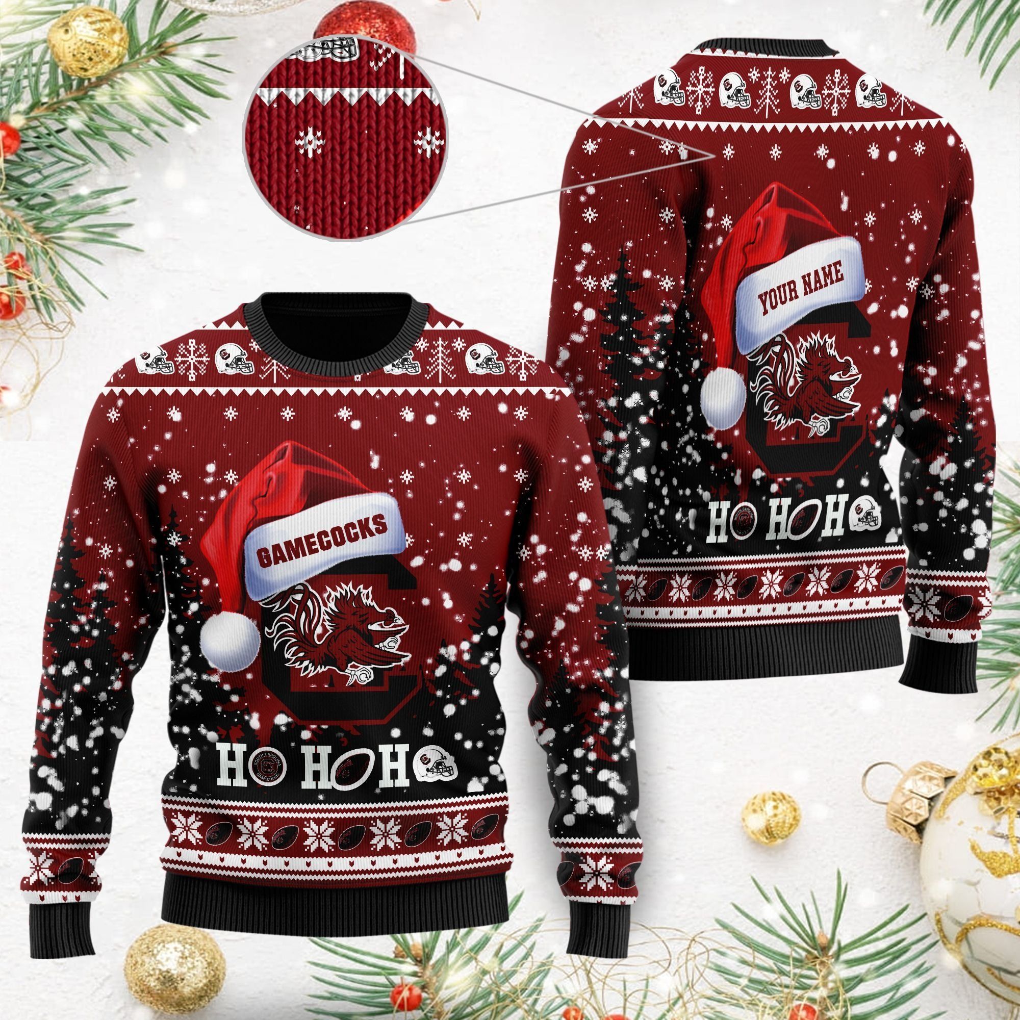 South Carolina Gamecocks NCAA Symbol Wearing Santa Claus Hat Cute Pattern Ho Ho Ho Custom Personalized Ugly Christmas Sweater For Football Fans On Xmas Party