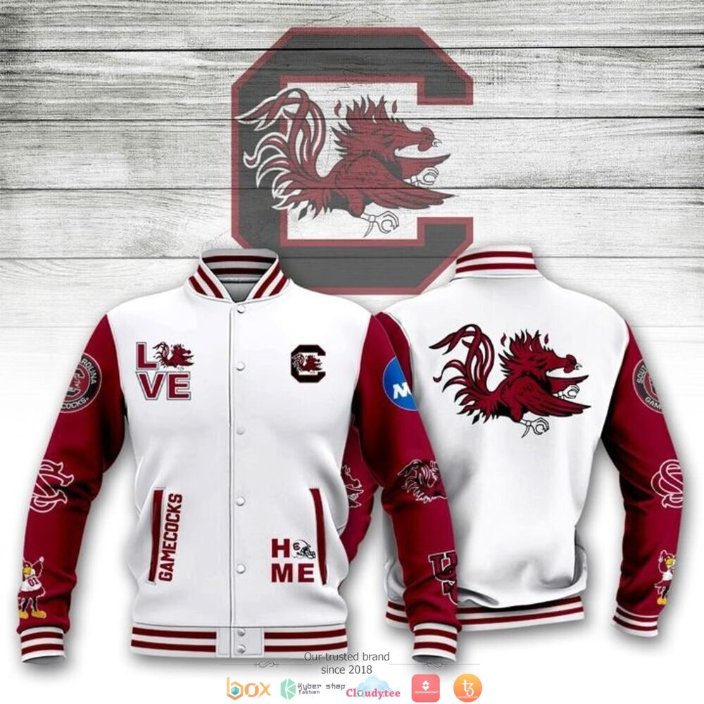 South Carolina Gamecocks White Garnet Varsity Baseball Jacket for Men & Women | NCAA Team Fan Gift