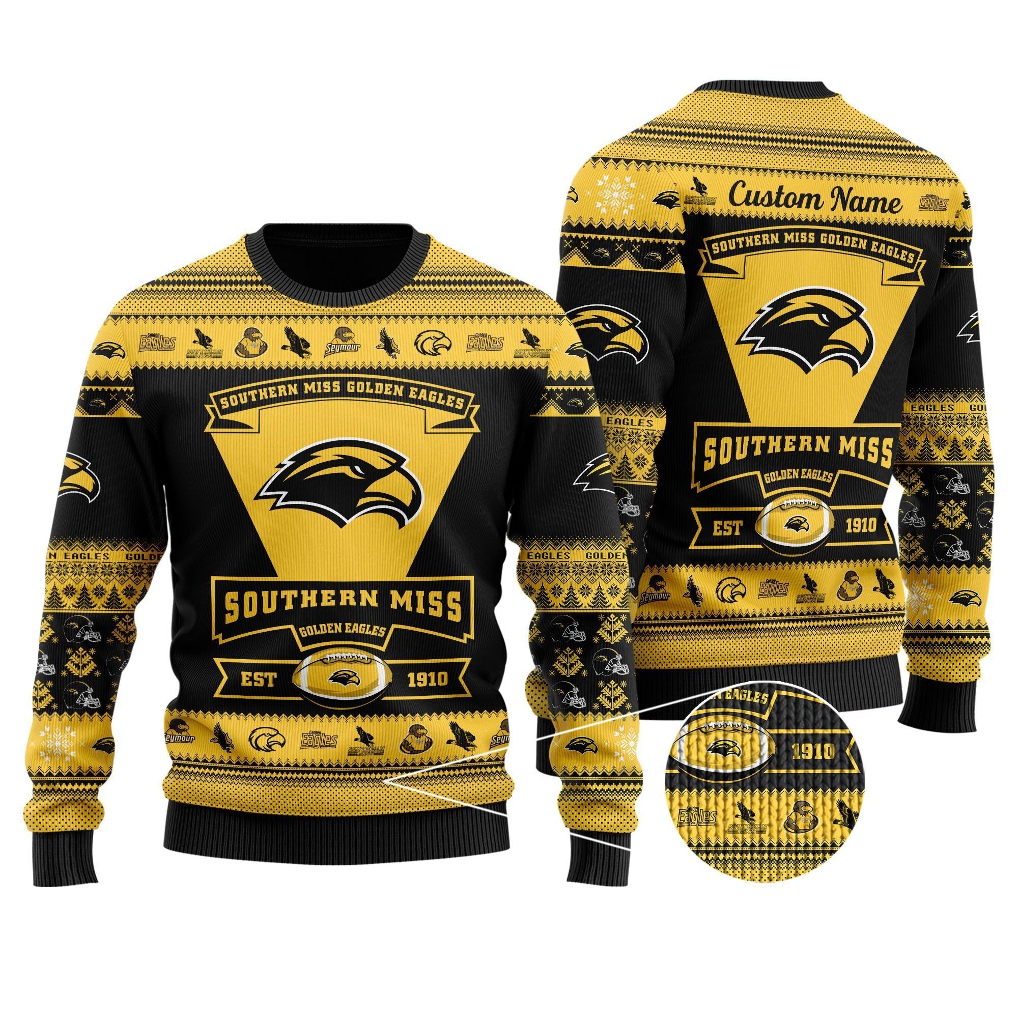 Southern Miss Golden Eagles Football Team Logo Custom Name Personalized Ugly Christmas Sweater Holiday Party Men Women Plus Size