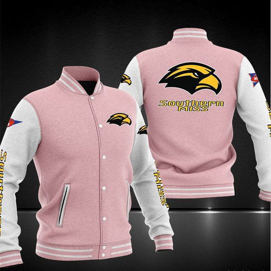 Southern Miss Golden Eagles Pink White Varsity Baseball Jacket for Men & Women | NCAA Team Fan Gift