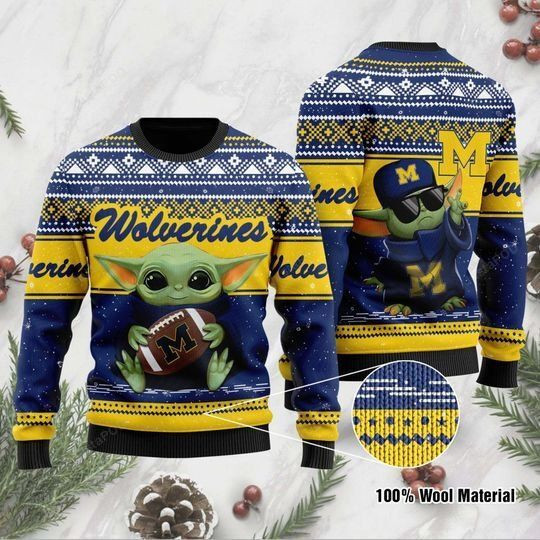 Sports Football Team Michigan Wolverines With Baby Yoda Holding The Ball Ugly Christmas Sweater Perfect Holiday Gift