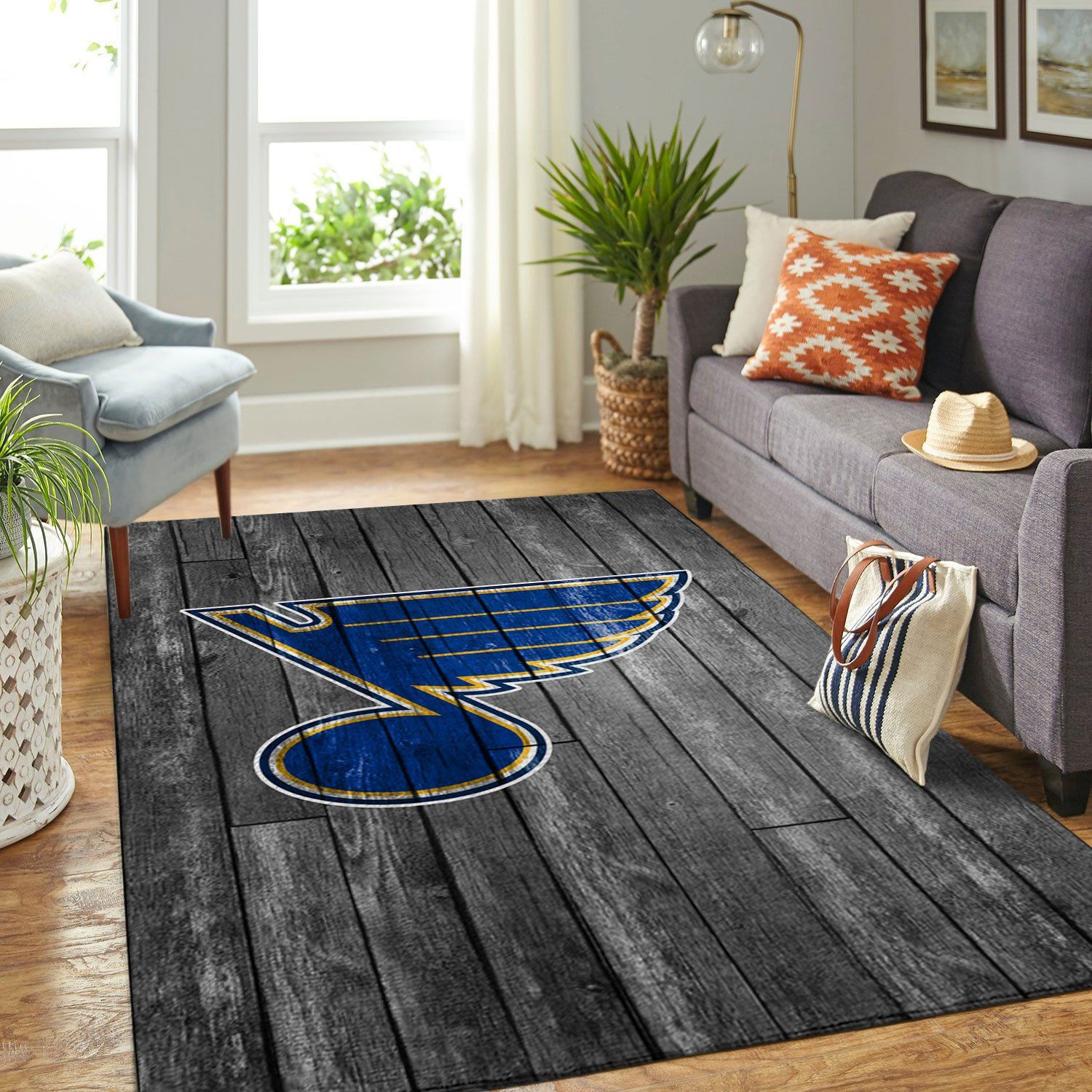St Louis Blues Team Logo Grey Wooden Rectangle Area Rug – Full Print Carpet For Living Room & Bedroom Home Decor