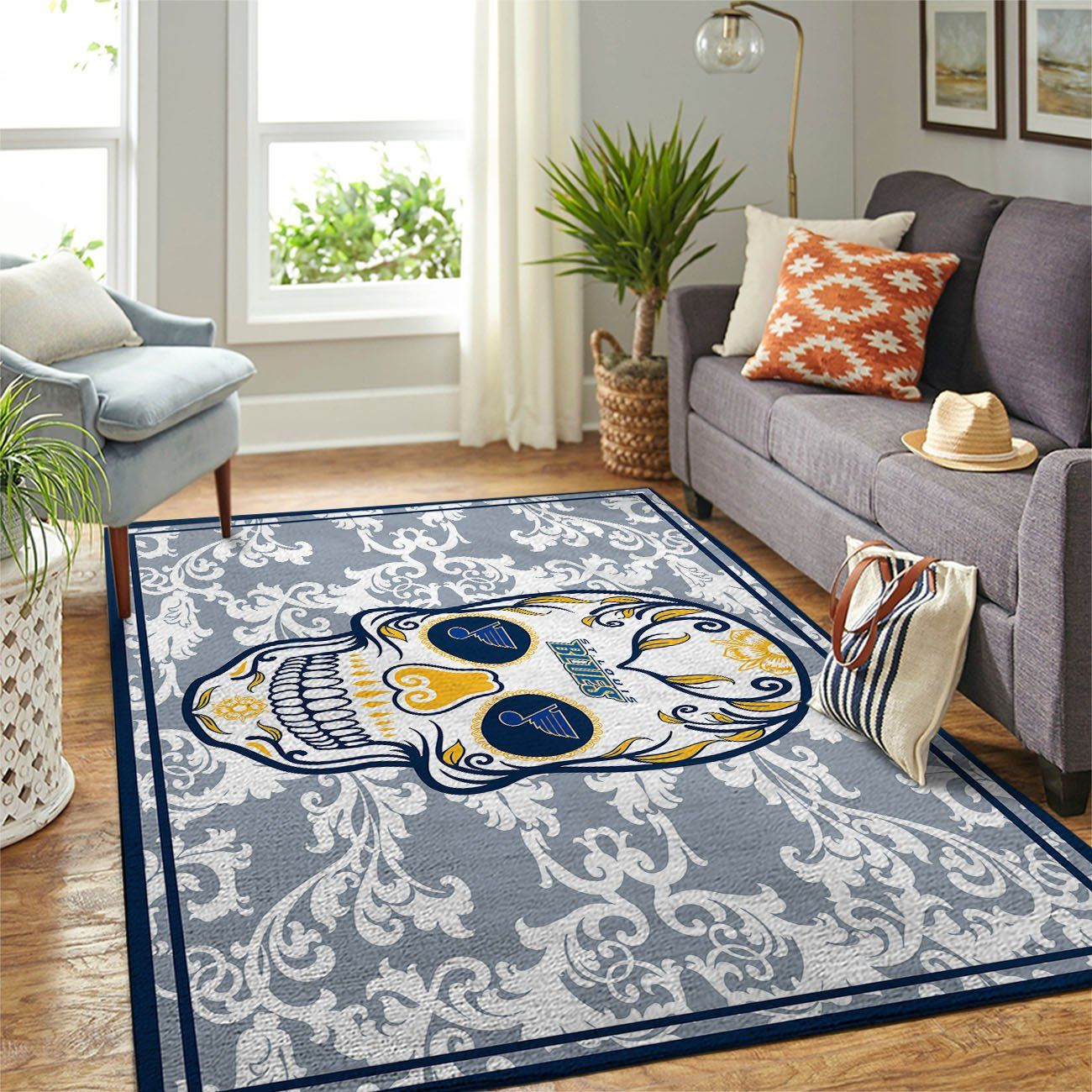 St Louis Blues Team Logo Skull Flower Rectangle Area Rug – Full Print Carpet For Living Room & Bedroom Home Decor