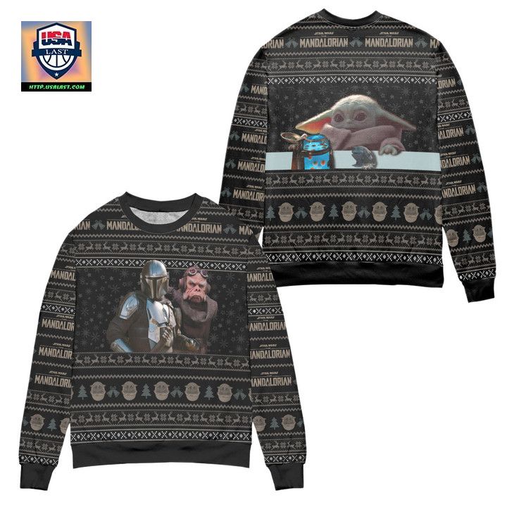 Star Wars Mandalorian Baby Yoda Snowflake Pattern Ugly Christmas Sweater Black
