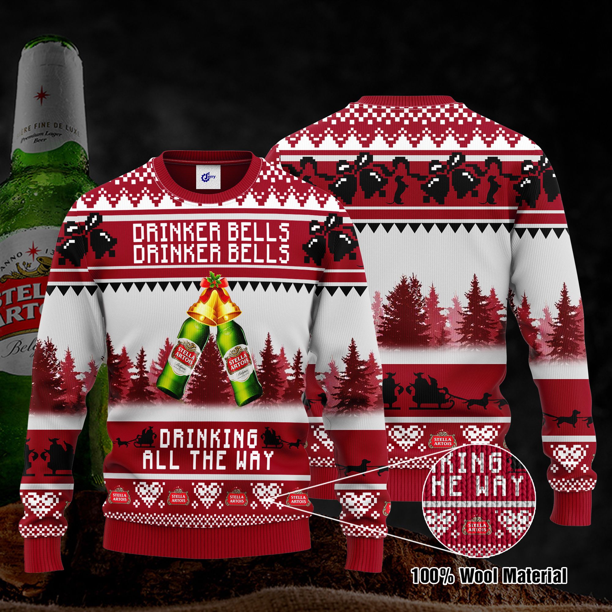 Stella Artois Drinker Bells Drinker Bells Drinking All The Way Ugly Christmas Sweater, Hoodie, Zip Hoodie, Bomber Jacket