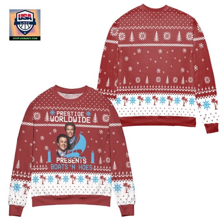 Step Brothers Prestige Worldwide Presents Boats N Hoes Ugly Christmas Sweater Red