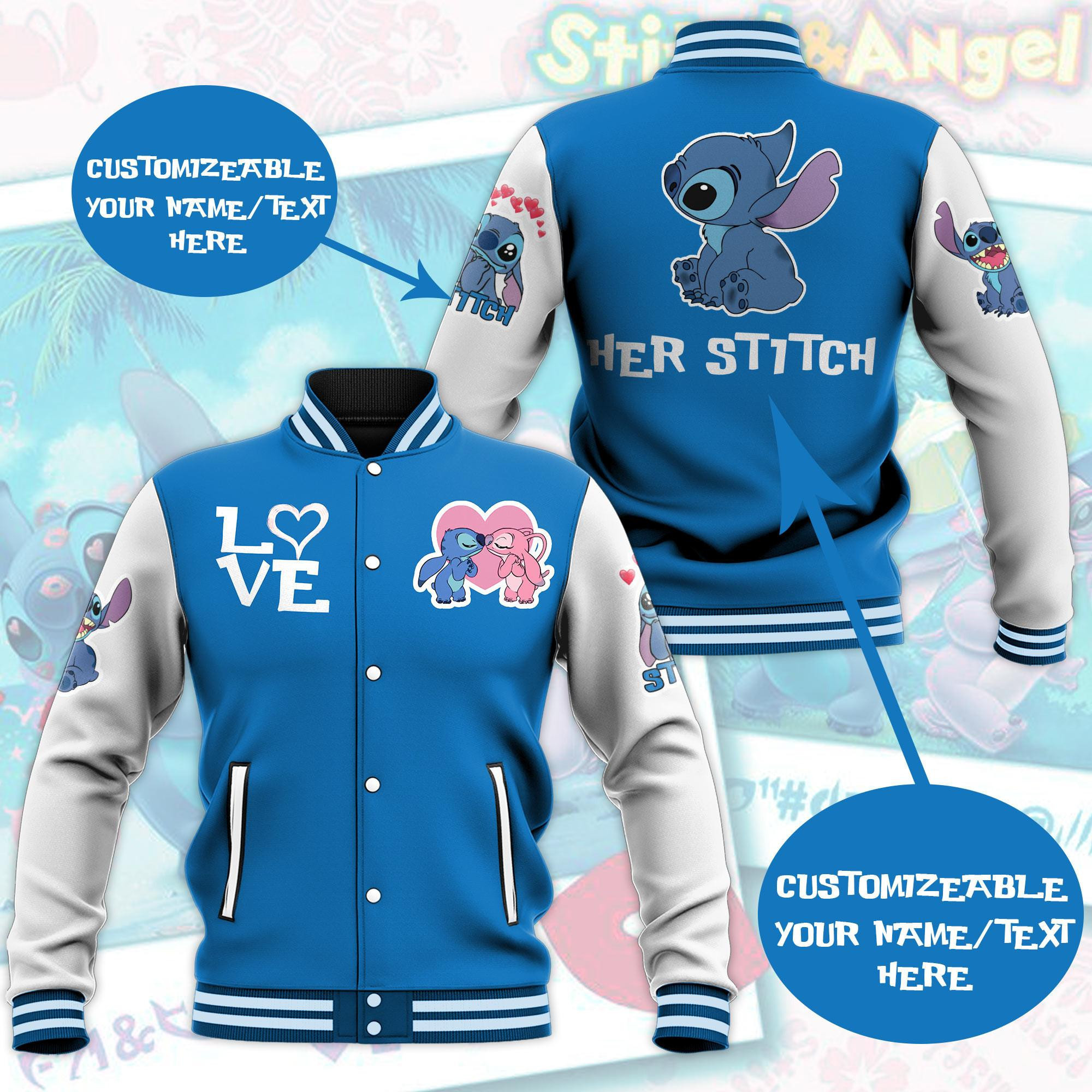 Stitch And Angel Couple Valentine Baseball Jacket for Men & Women | Cartoon Fan Gift
