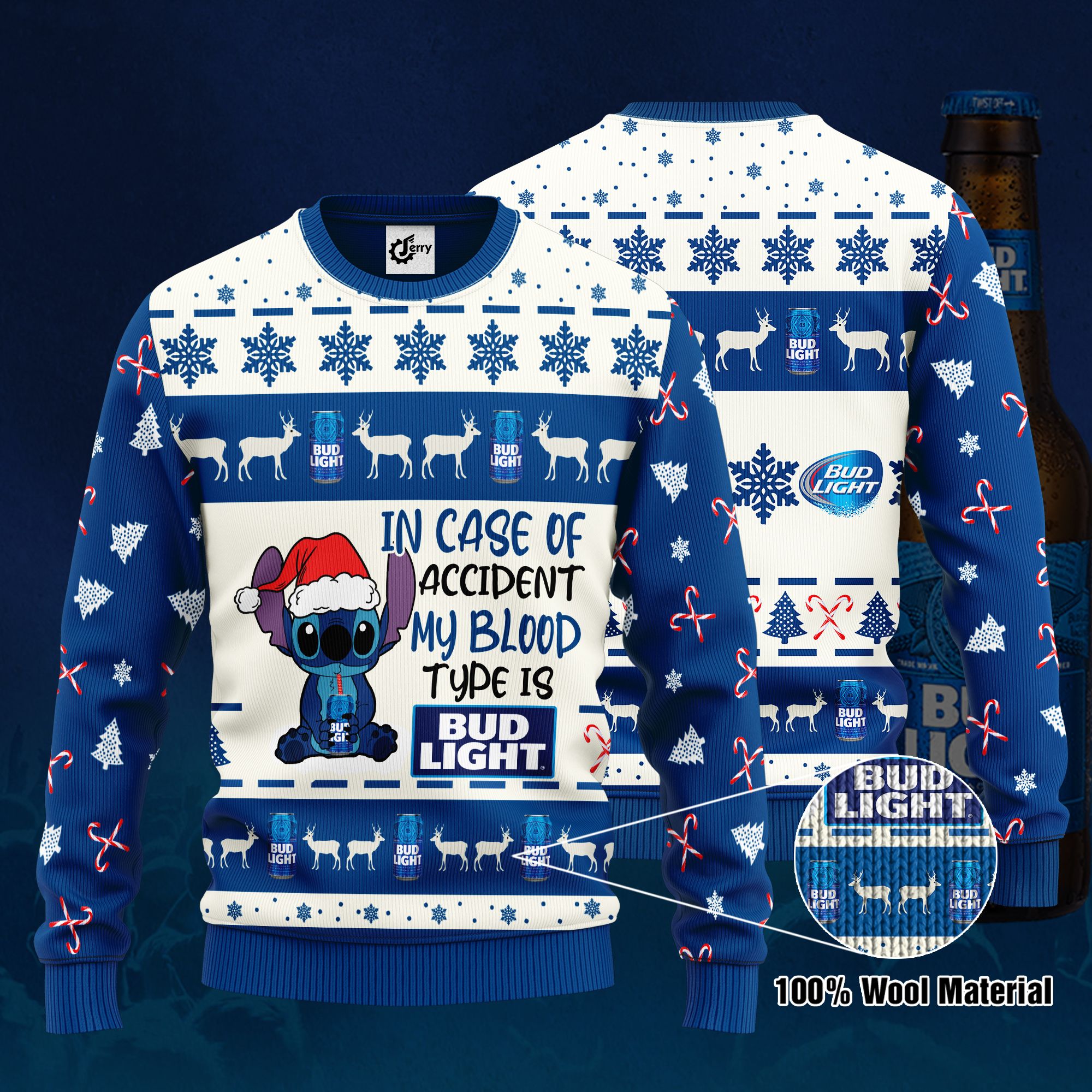 Stitch In Case Of Accident My Blood Type Is Bud Light Ugly Christmas Sweater, Hoodie, Zip Hoodie, Bomber Jacket