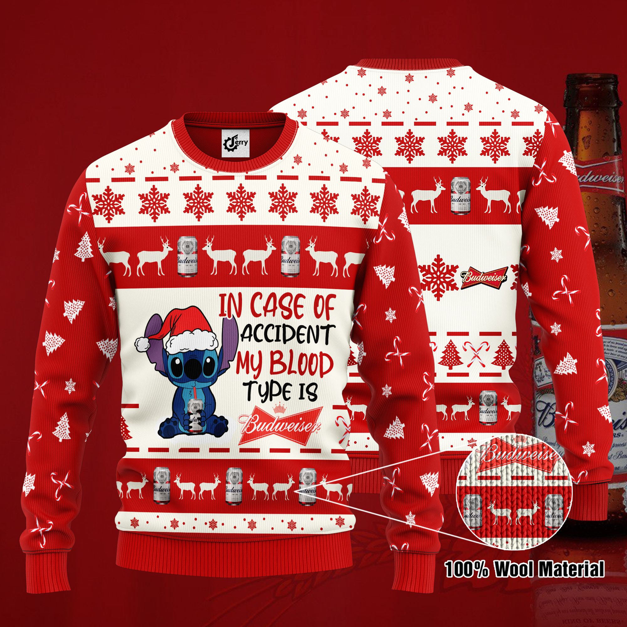 Stitch In Case Of Accident My Blood Type Is Budweiser Ugly Christmas Sweater, Hoodie, Zip Hoodie, Bomber Jacket