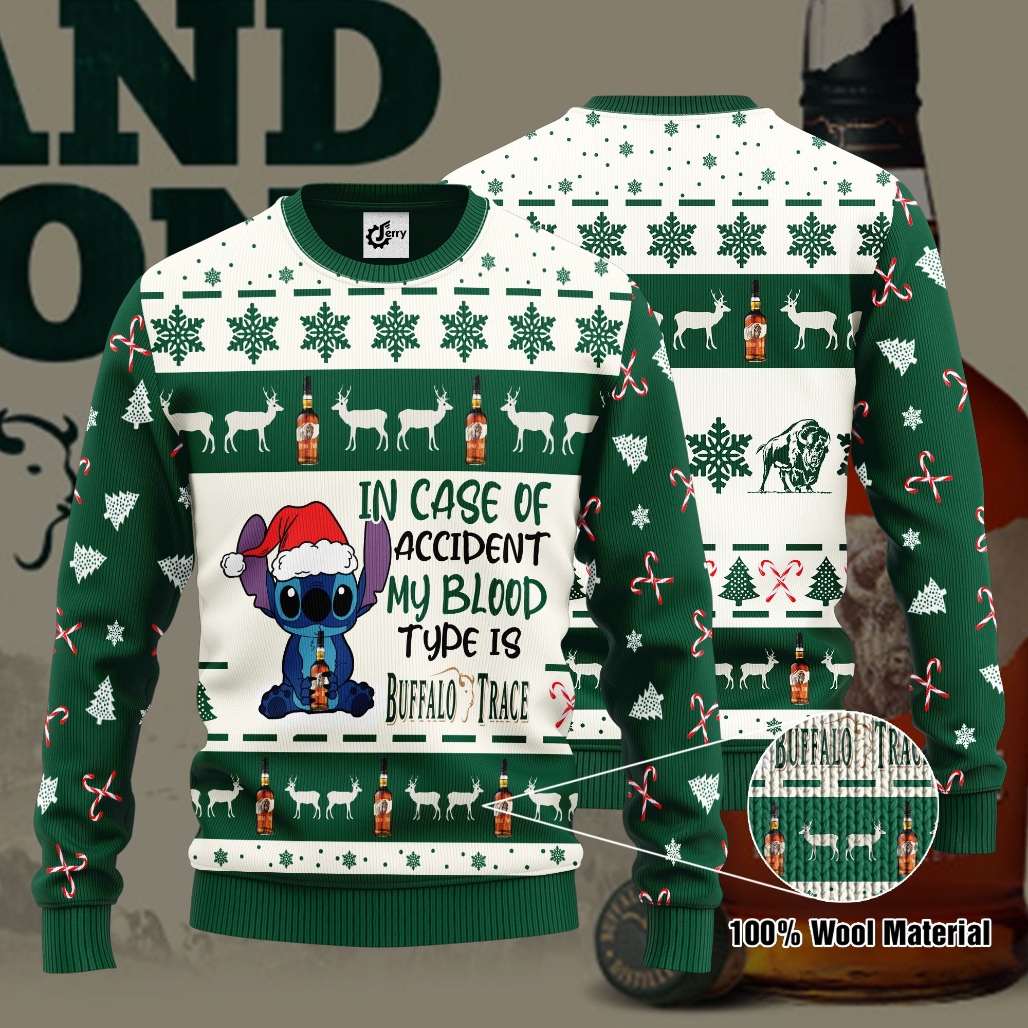 Stitch In Case Of Accident My Blood Type Is Buffalo Trace Ugly Christmas Sweater, Hoodie, Zip Hoodie, Bomber Jacket