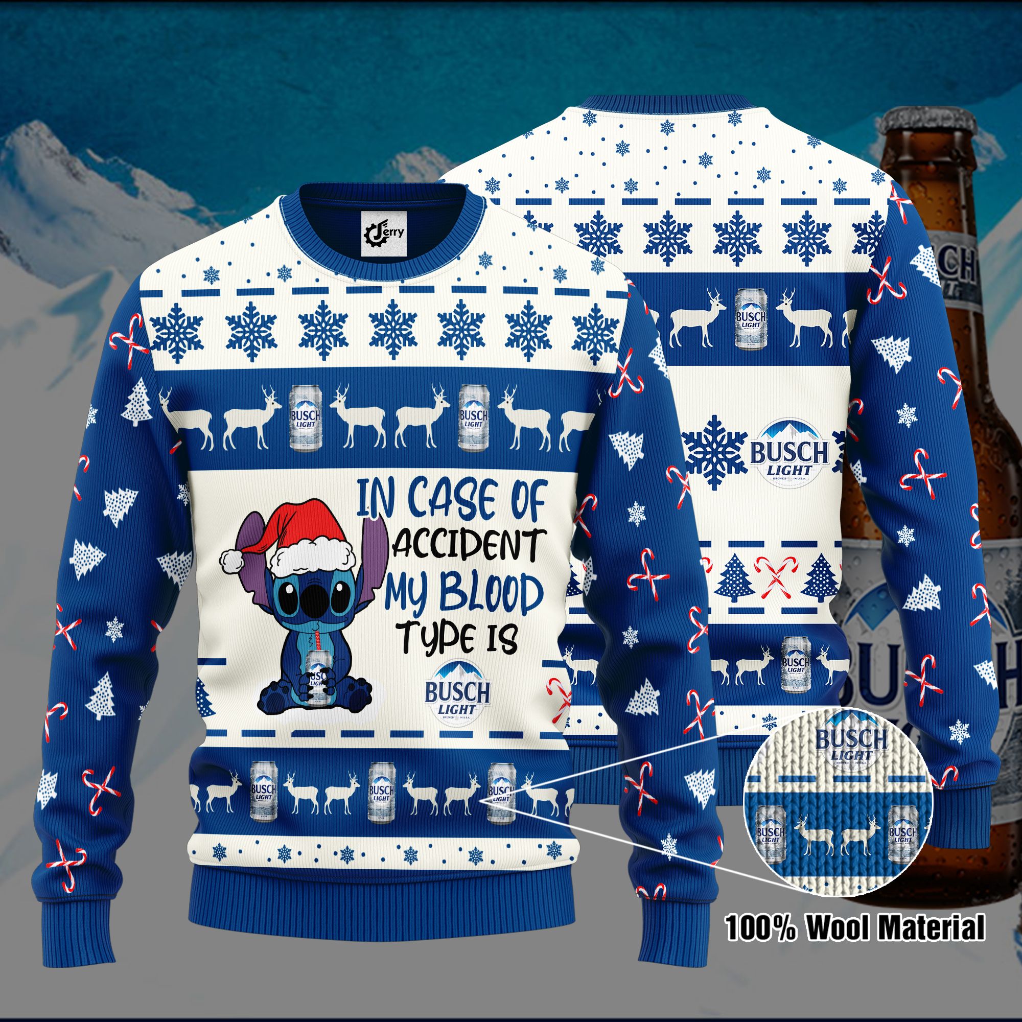 Stitch In Case Of Accident My Blood Type Is Busch Light Ugly Christmas Sweater, Hoodie, Zip Hoodie, Bomber Jacket