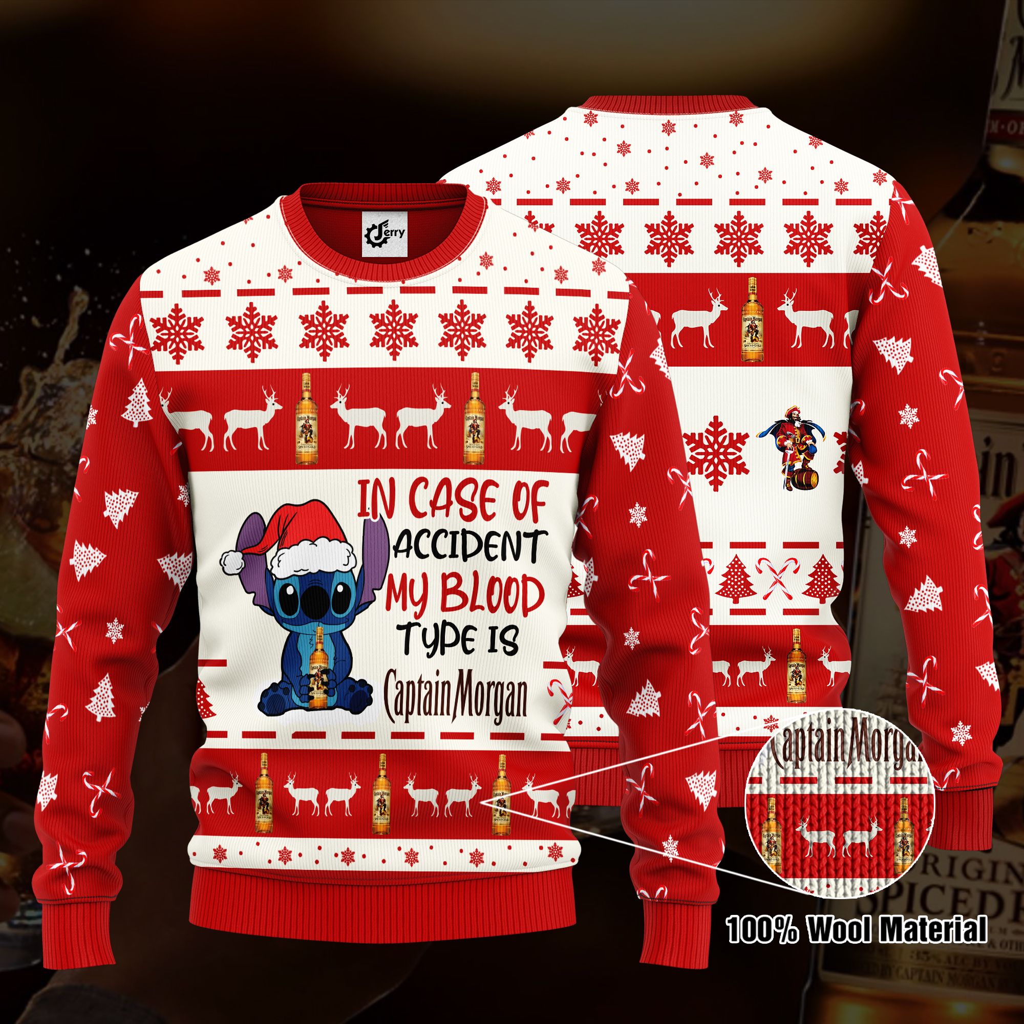 Stitch In Case Of Accident My Blood Type Is Captain Morgan Ugly Christmas Sweater, Hoodie, Zip Hoodie, Bomber Jacket
