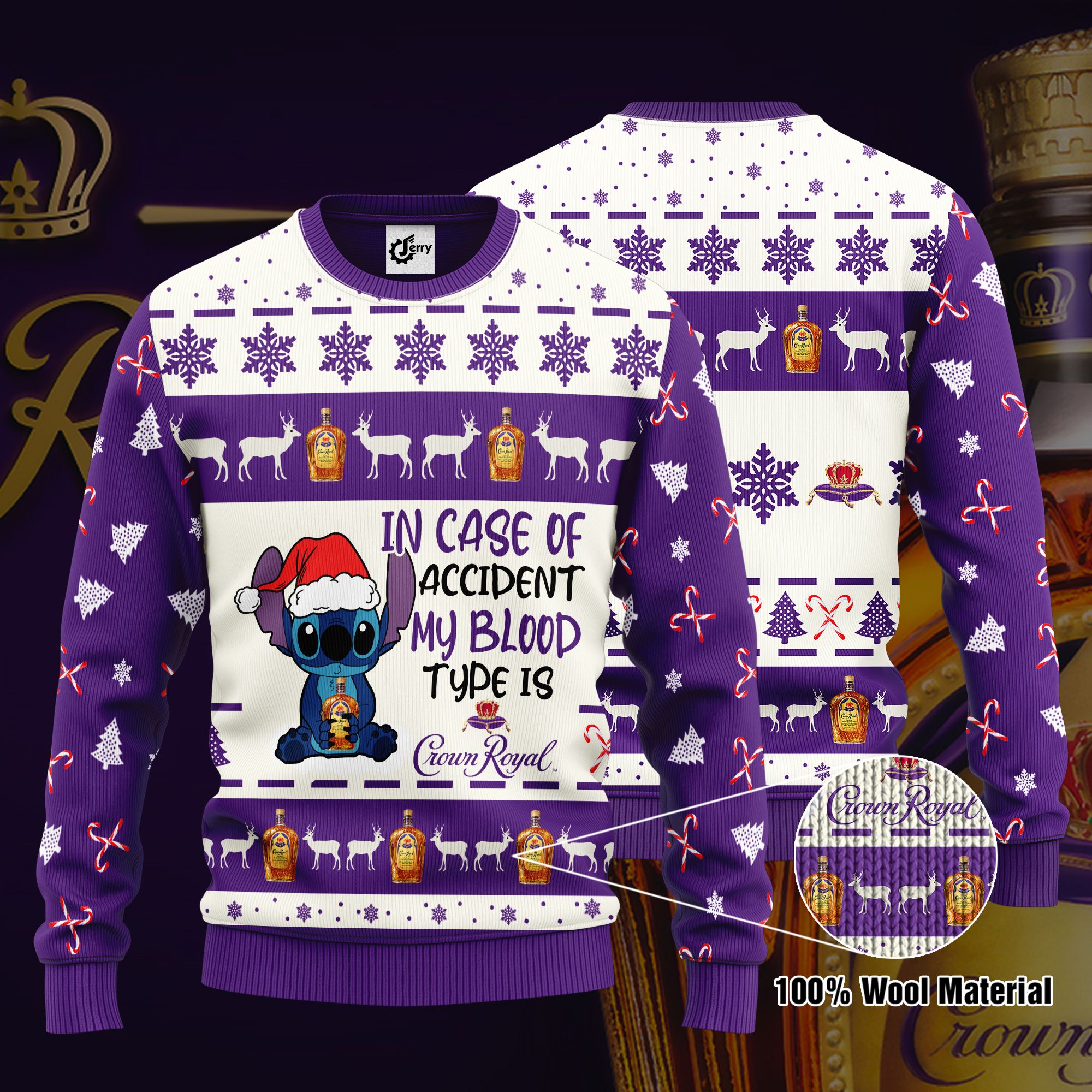 Stitch In Case Of Accident My Blood Type Is Crown Royal Ugly Christmas Sweater, Hoodie, Zip Hoodie, Bomber Jacket