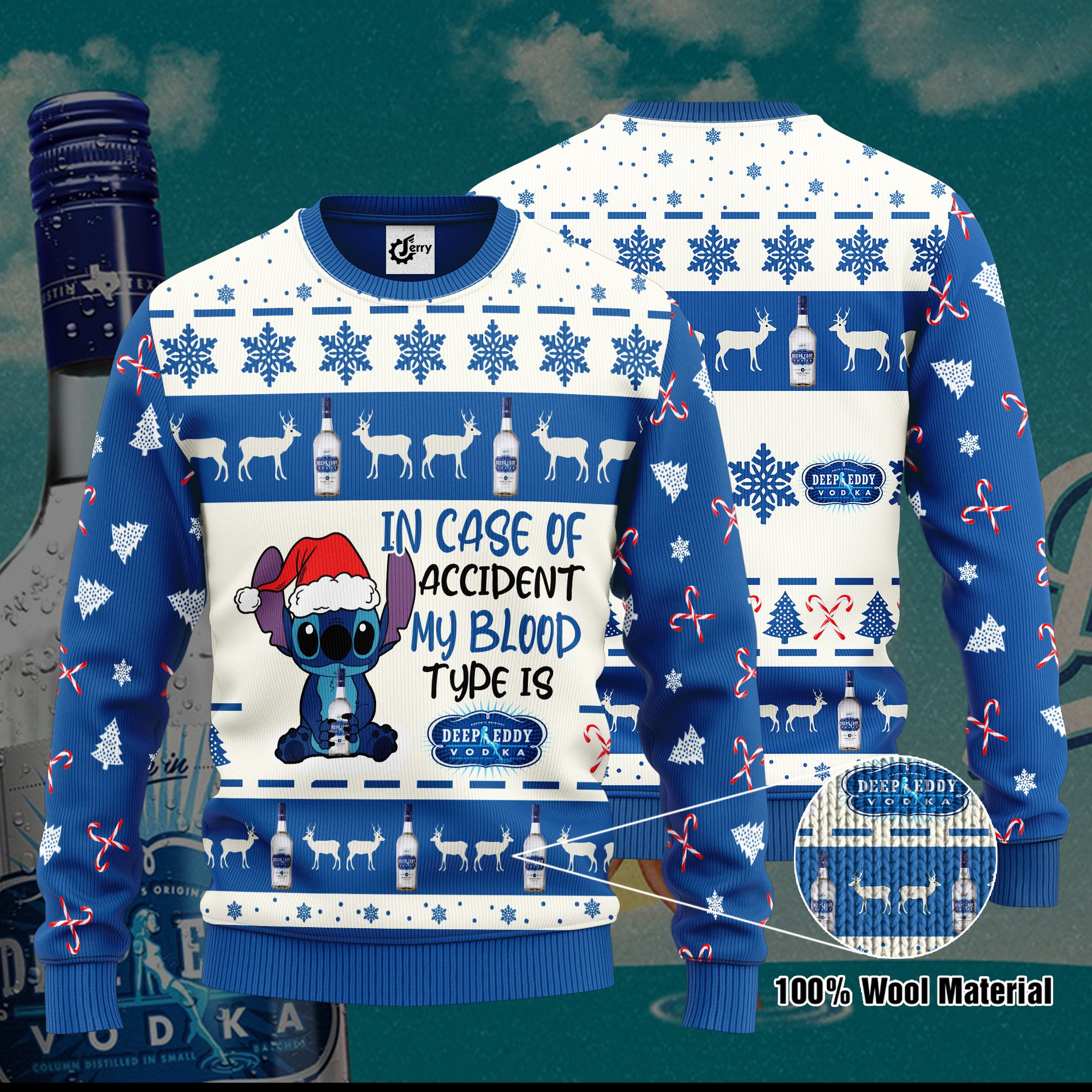 Stitch In Case Of Accident My Blood Type Is Deep Eddy Vodka Ugly Christmas Sweater, Hoodie, Zip Hoodie, Bomber Jacket