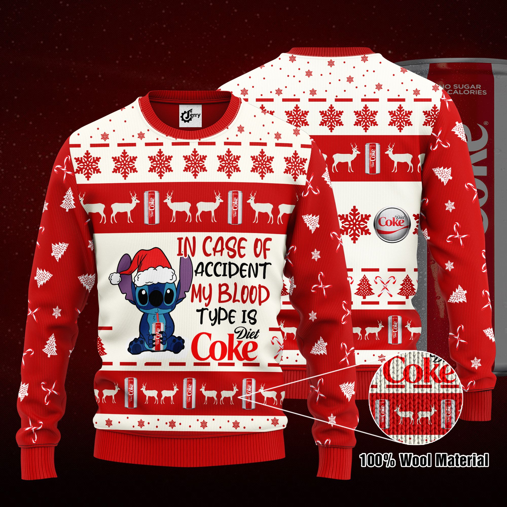 Stitch In Case Of Accident My Blood Type Is Diet Coke Ugly Christmas Sweater, Hoodie, Zip Hoodie, Bomber Jacket