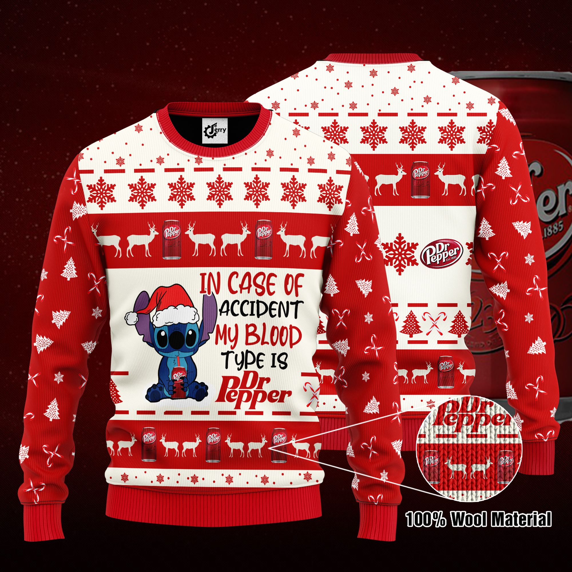 Stitch In Case Of Accident My Blood Type Is Dr Pepper Ugly Christmas Sweater, Hoodie, Zip Hoodie, Bomber Jacket