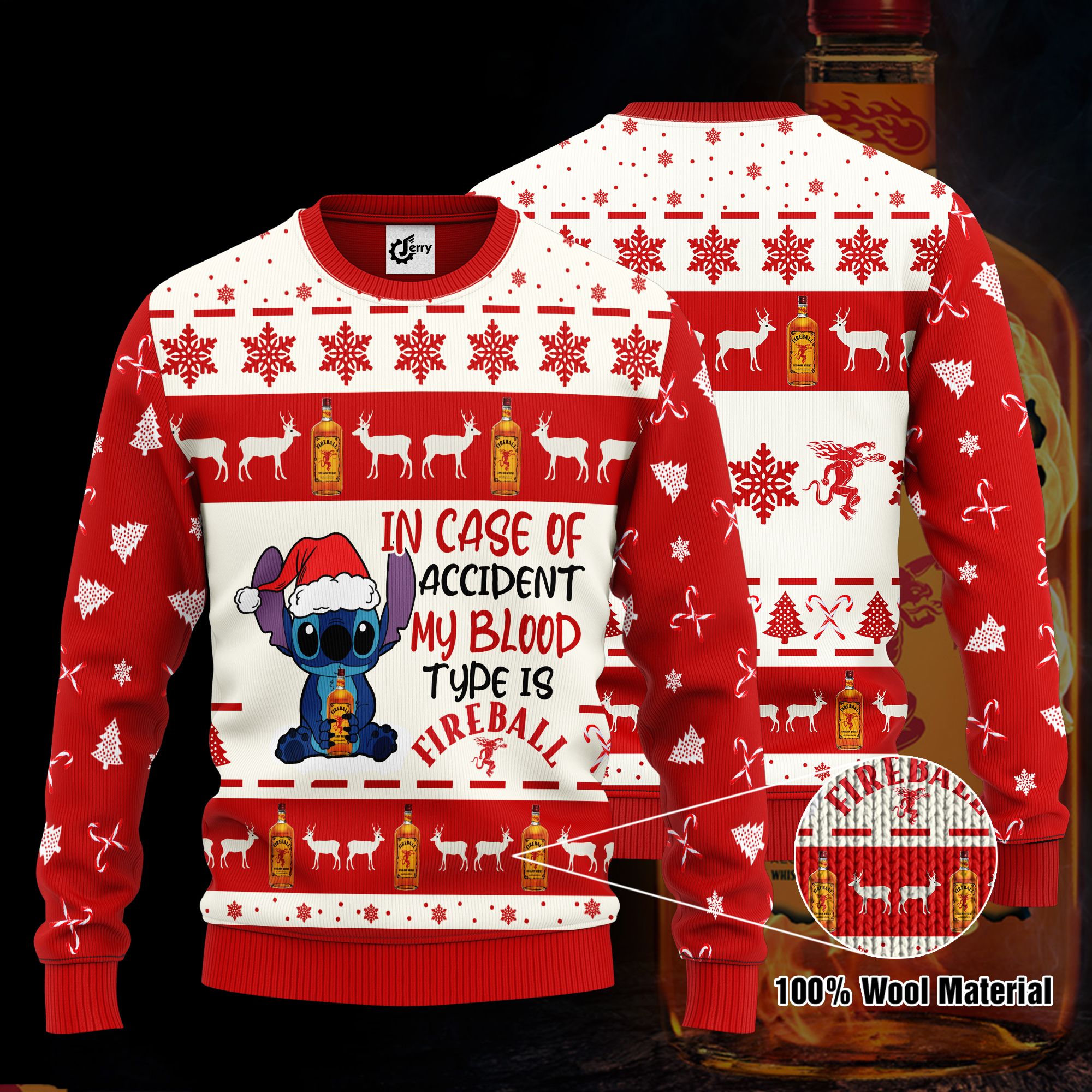 Stitch In Case Of Accident My Blood Type Is Fireball Ugly Christmas Sweater, Hoodie, Zip Hoodie, Bomber Jacket