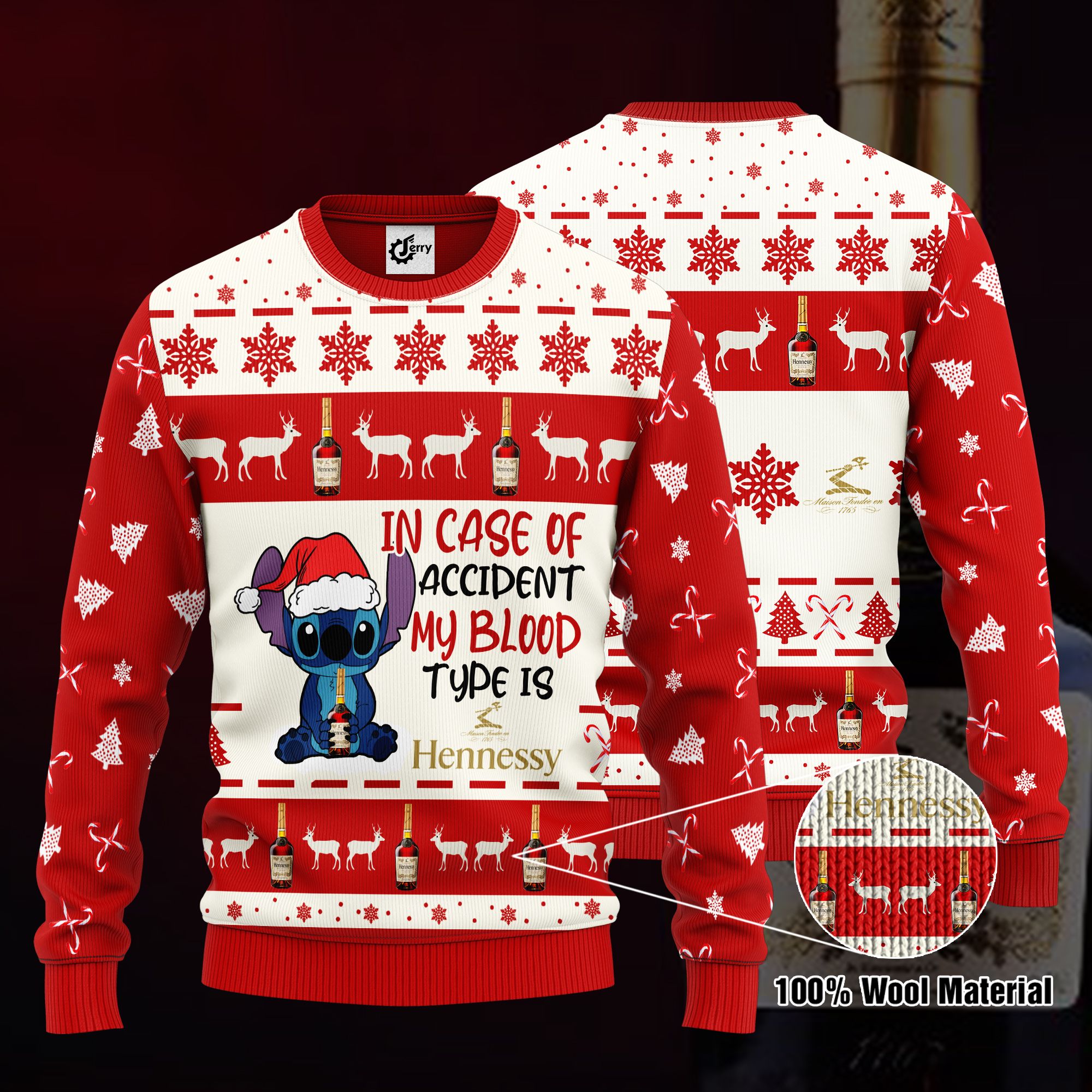 Stitch In Case Of Accident My Blood Type Is Hennessy Ugly Christmas Sweater, Hoodie, Zip Hoodie, Bomber Jacket