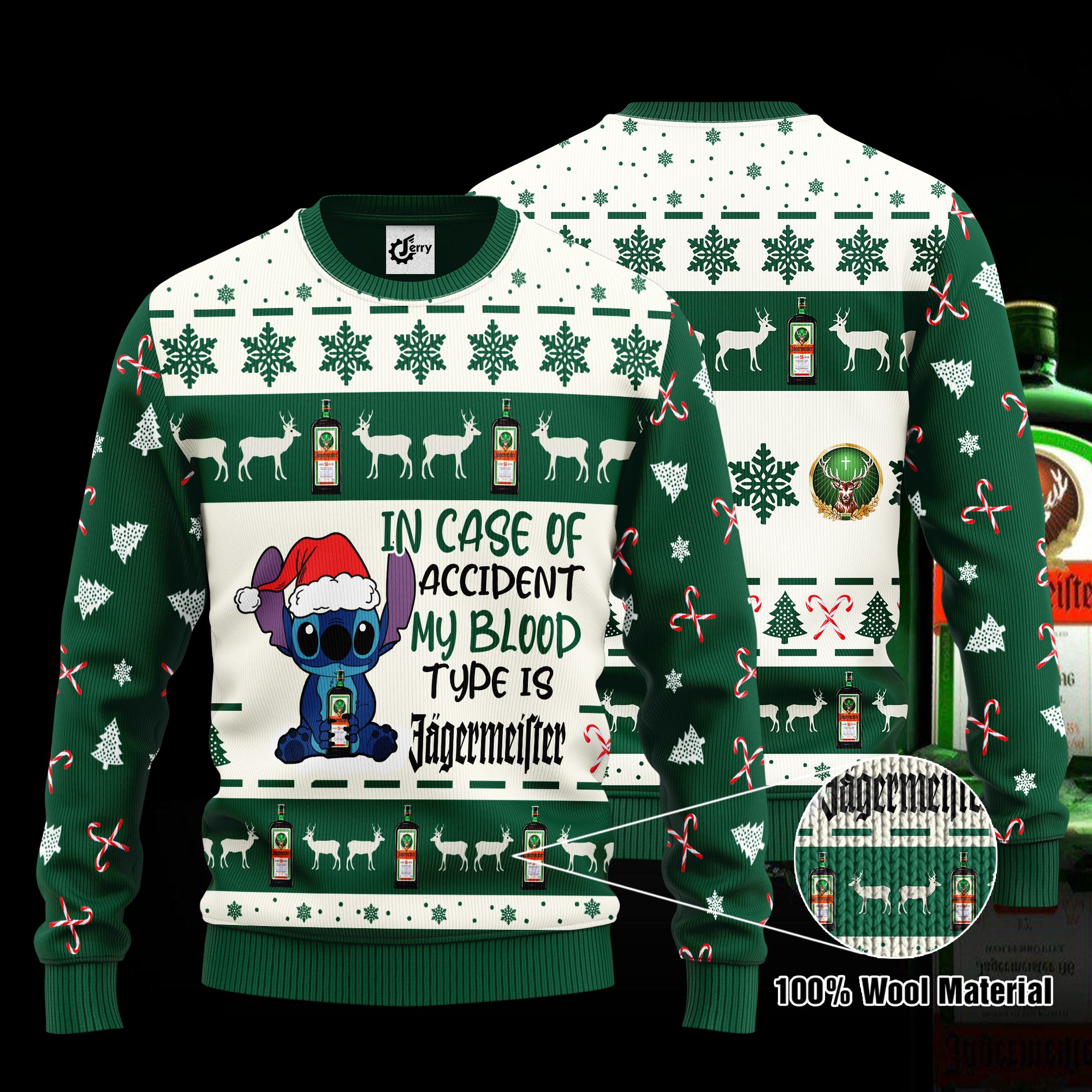 Stitch In Case Of Accident My Blood Type Is Jagermeister Ugly Christmas Sweater, Hoodie, Zip Hoodie, Bomber Jacket