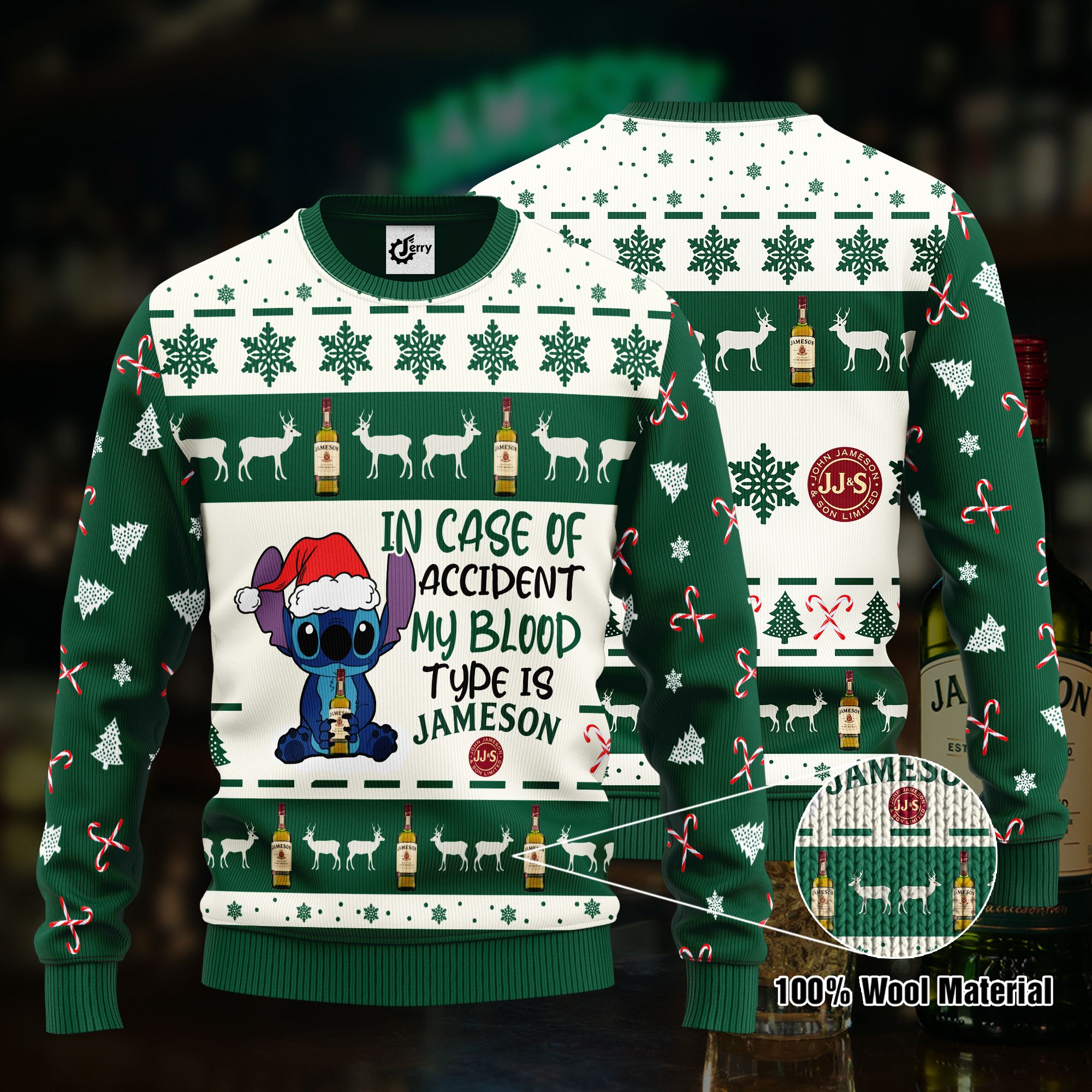 Stitch In Case Of Accident My Blood Type Is Jameson Ugly Christmas Sweater, Hoodie, Zip Hoodie, Bomber Jacket