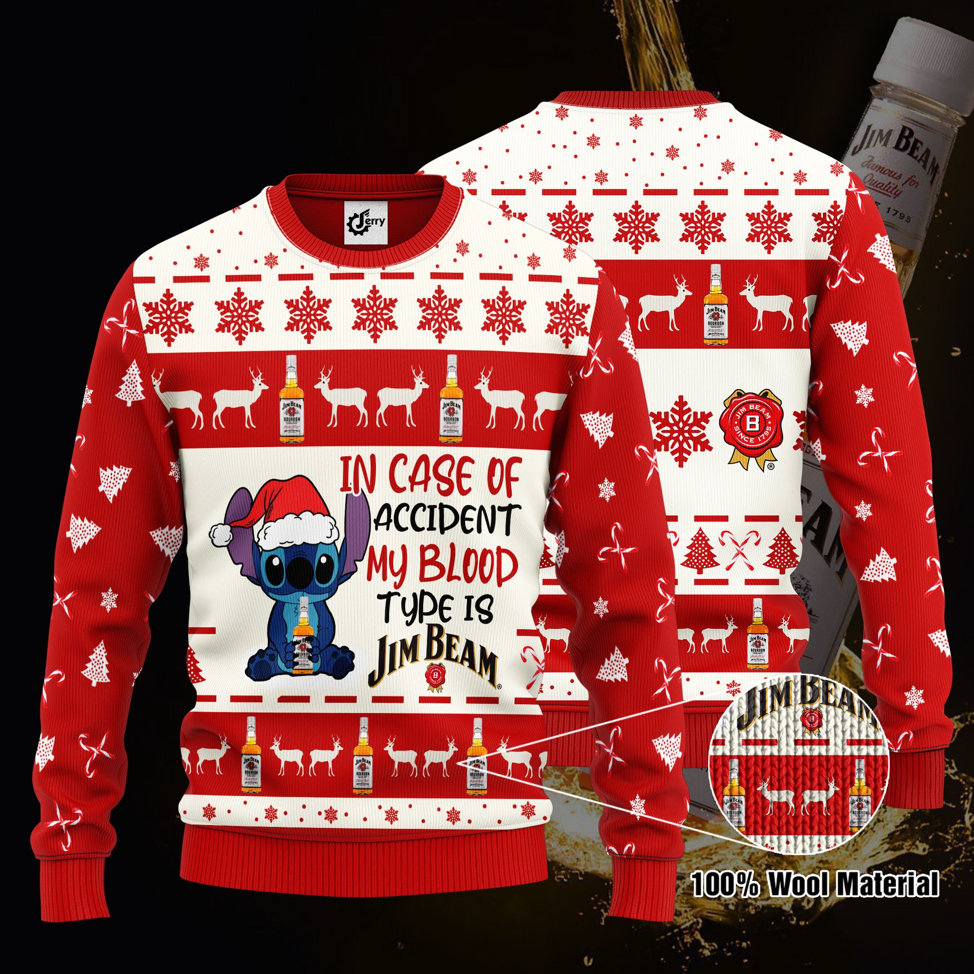 Stitch In Case Of Accident My Blood Type Is Jim Beam Ugly Christmas Sweater, Hoodie, Zip Hoodie, Bomber Jacket