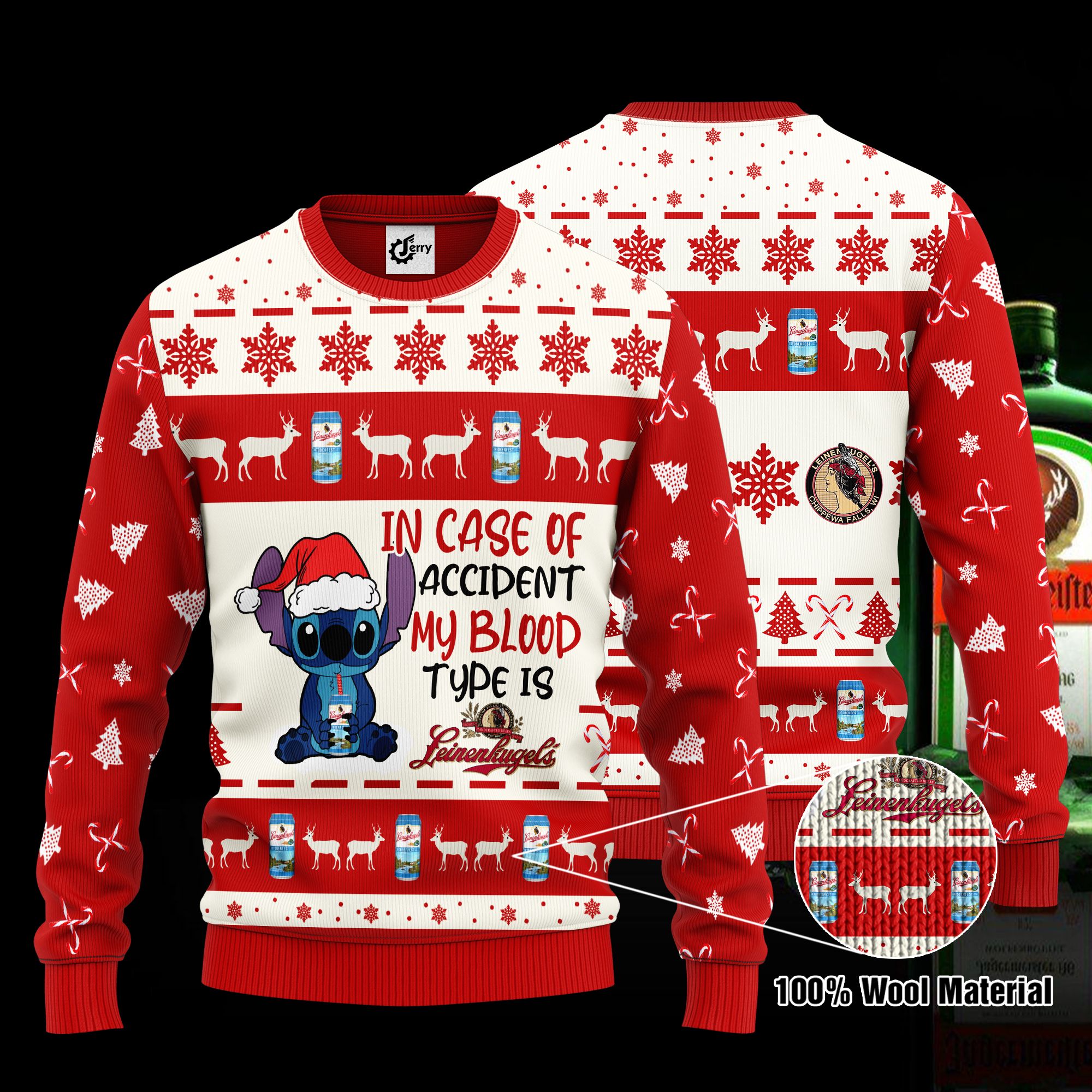 Stitch In Case Of Accident My Blood Type Is Leinenkugels Ugly Christmas Sweater, Hoodie, Zip Hoodie, Bomber Jacket