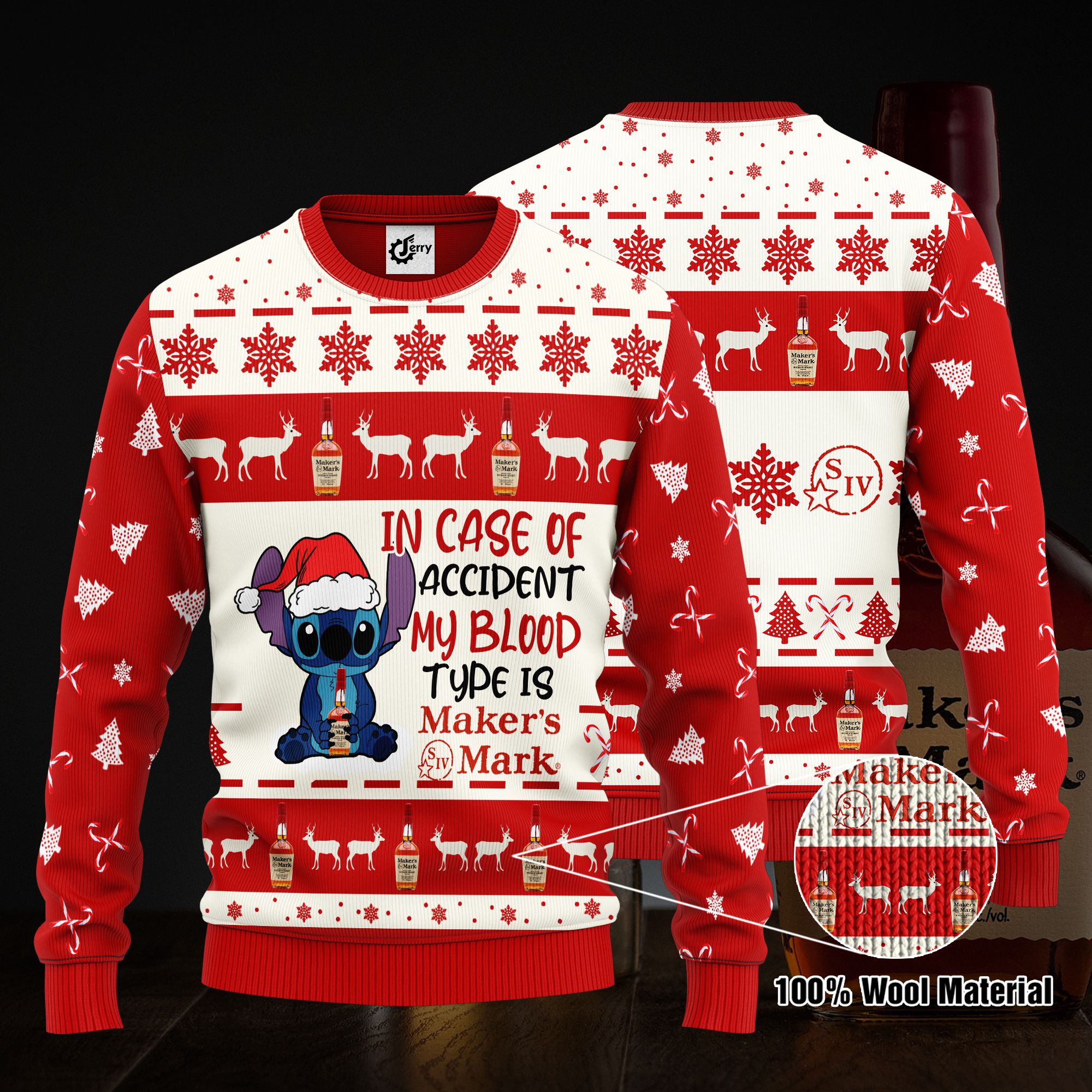 Stitch In Case Of Accident My Blood Type Is Maker's Mark Ugly Christmas Sweater, Hoodie, Zip Hoodie, Bomber Jacket