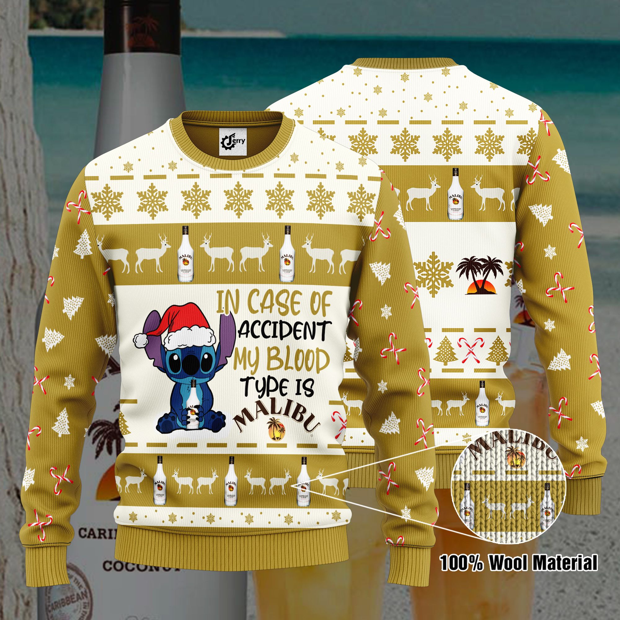 Stitch In Case Of Accident My Blood Type Is Malibu Rum Ugly Christmas Sweater, Hoodie, Zip Hoodie, Bomber Jacket