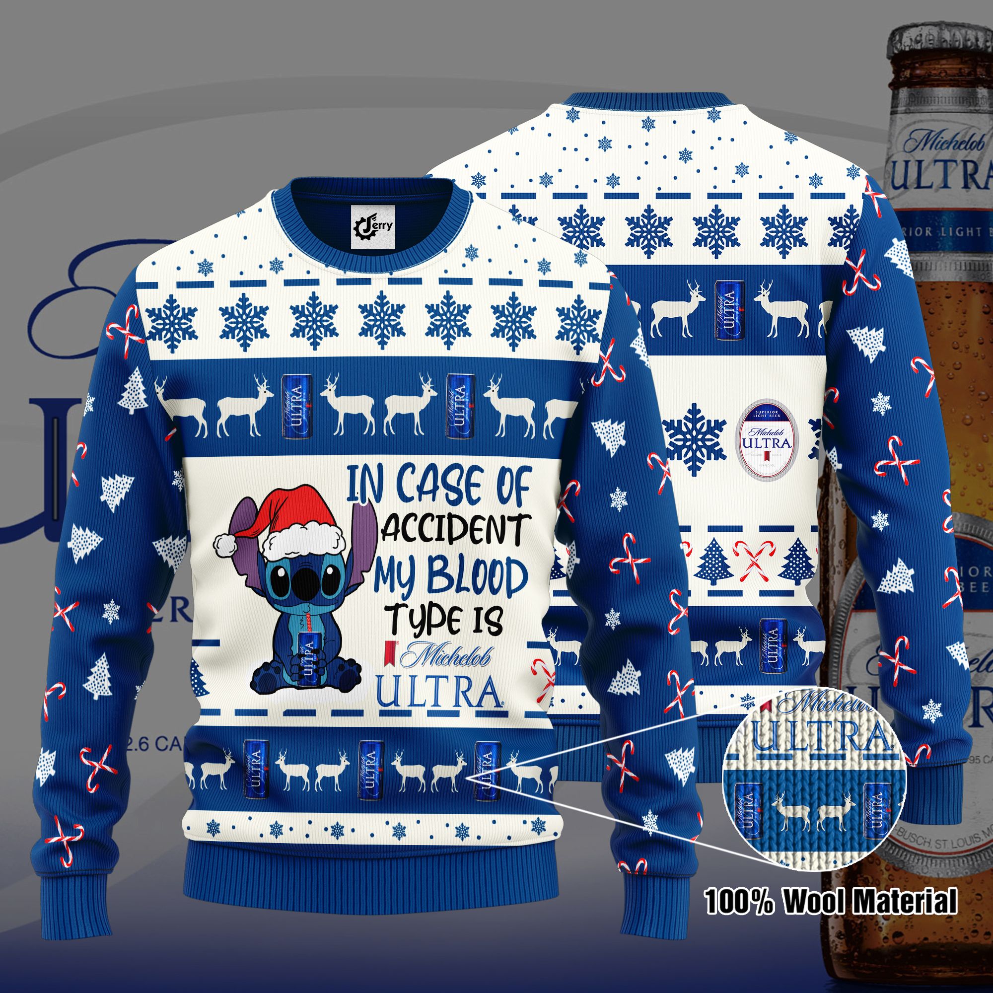 Stitch In Case Of Accident My Blood Type Is Michelob Ultra Ugly Christmas Sweater, Hoodie, Zip Hoodie, Bomber Jacket