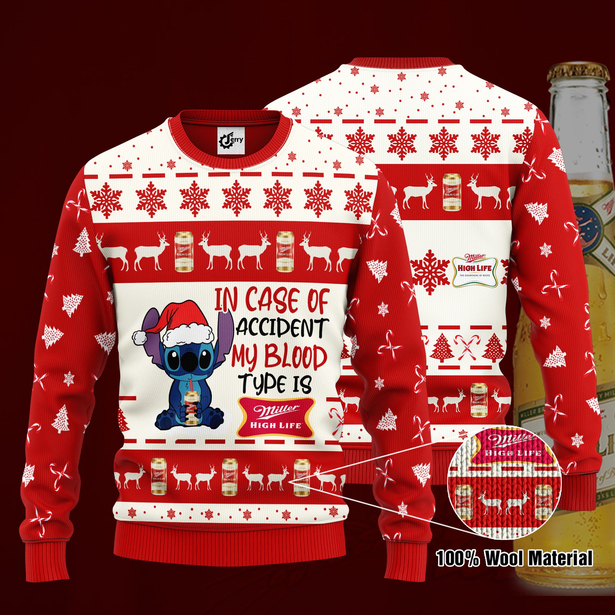 Stitch In Case Of Accident My Blood Type Is Miller High Life Ugly Christmas Sweater, Hoodie, Zip Hoodie, Bomber Jacket