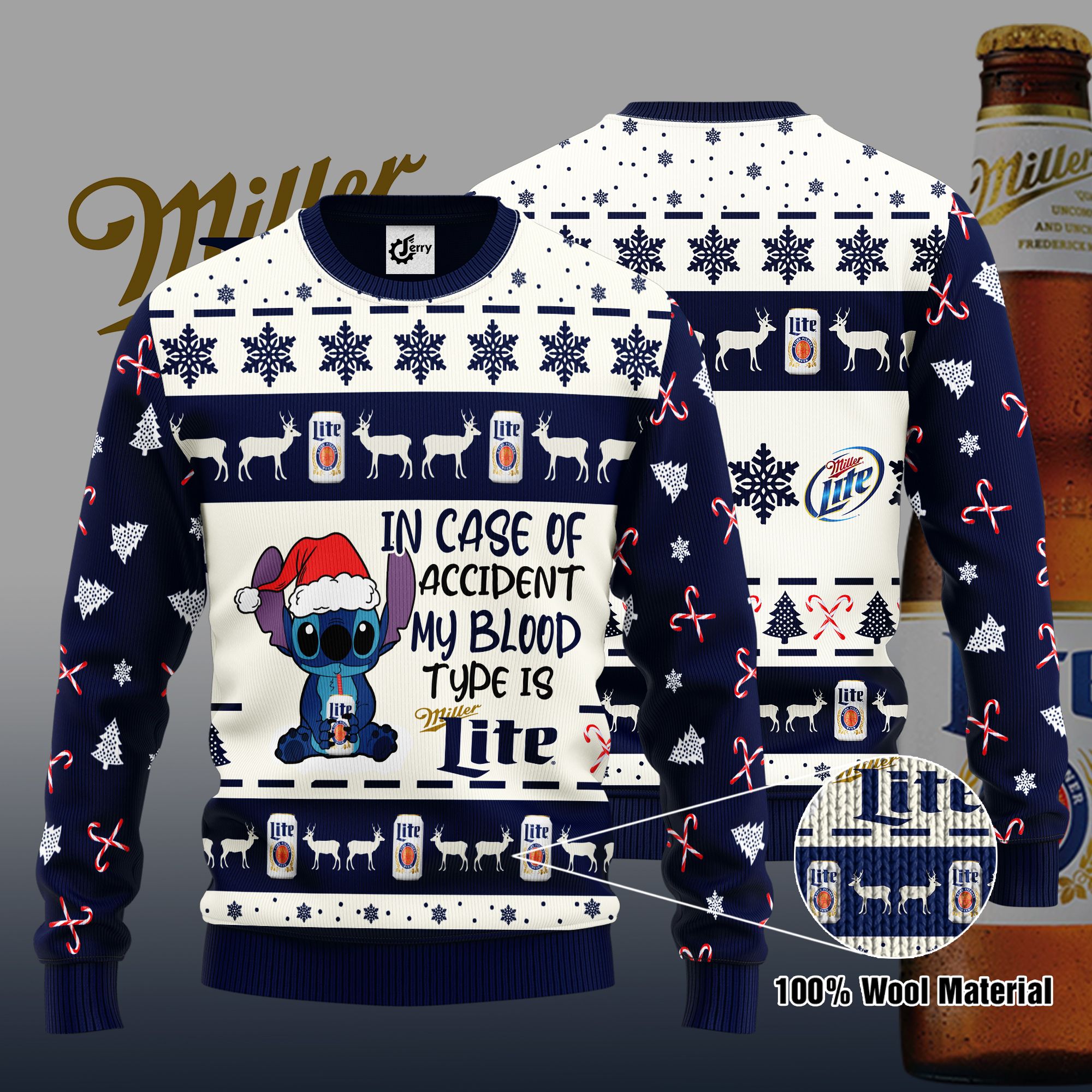 Stitch In Case Of Accident My Blood Type Is Miller Lite Ugly Christmas Sweater, Hoodie, Zip Hoodie, Bomber Jacket