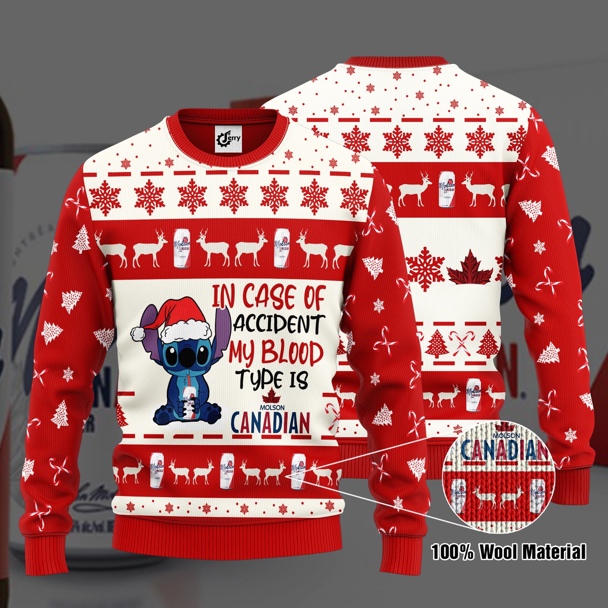 Stitch In Case Of Accident My Blood Type Is Molson Canadian Ugly Christmas Sweater, Hoodie, Zip Hoodie, Bomber Jacket