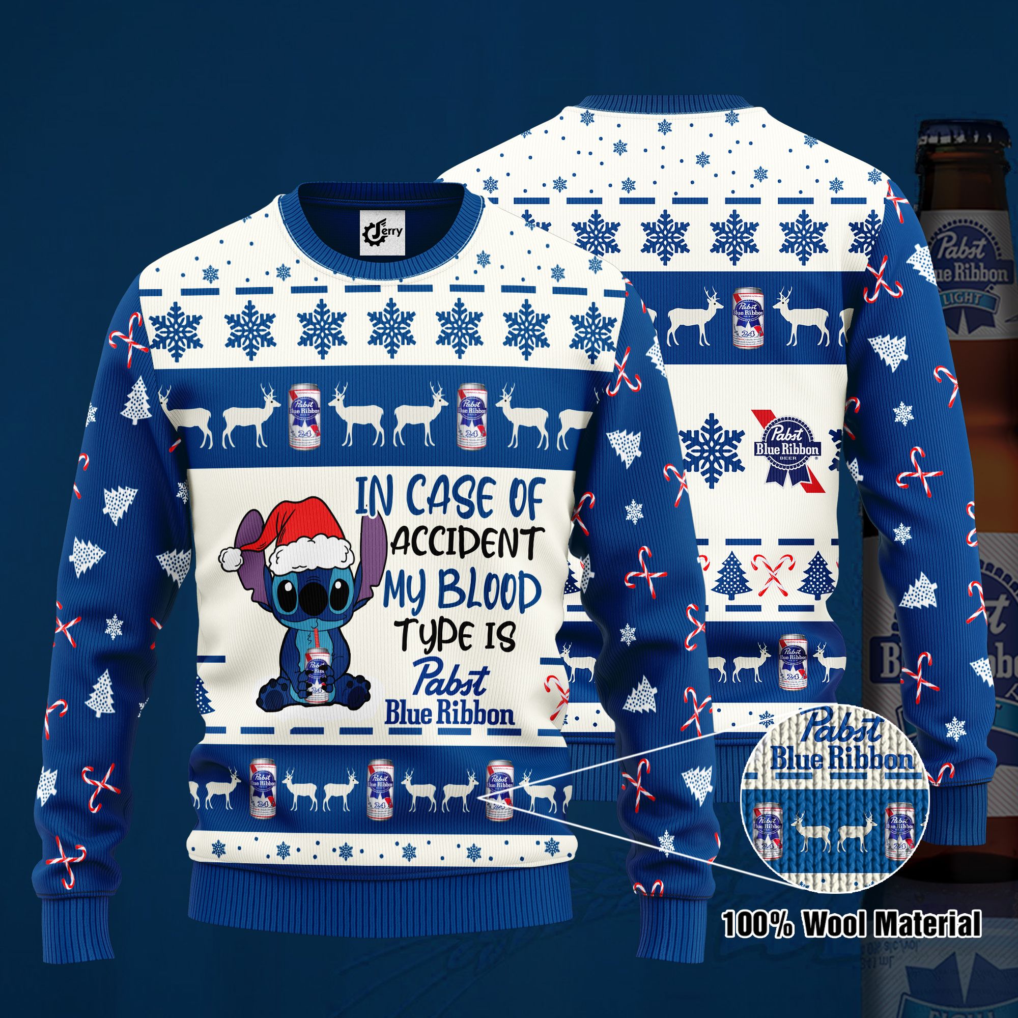 Stitch In Case Of Accident My Blood Type Is Pabst Blue Ribbon Ugly Christmas Sweater, Hoodie, Zip Hoodie, Bomber Jacket