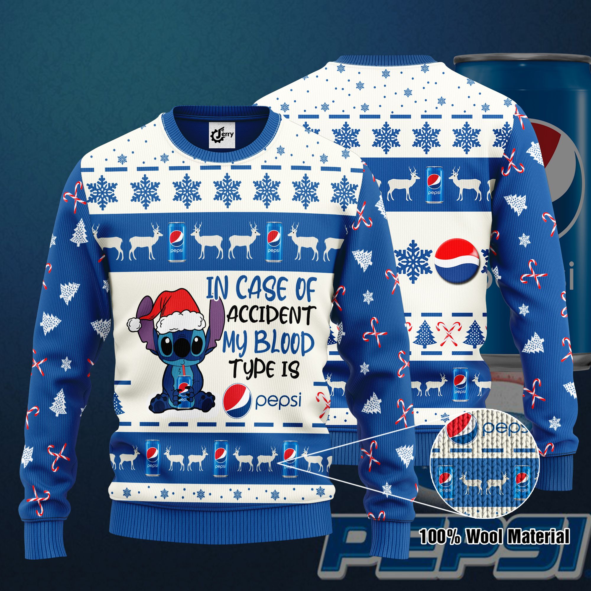 Stitch In Case Of Accident My Blood Type Is Pepsi Ugly Christmas Sweater, Hoodie, Zip Hoodie, Bomber Jacket