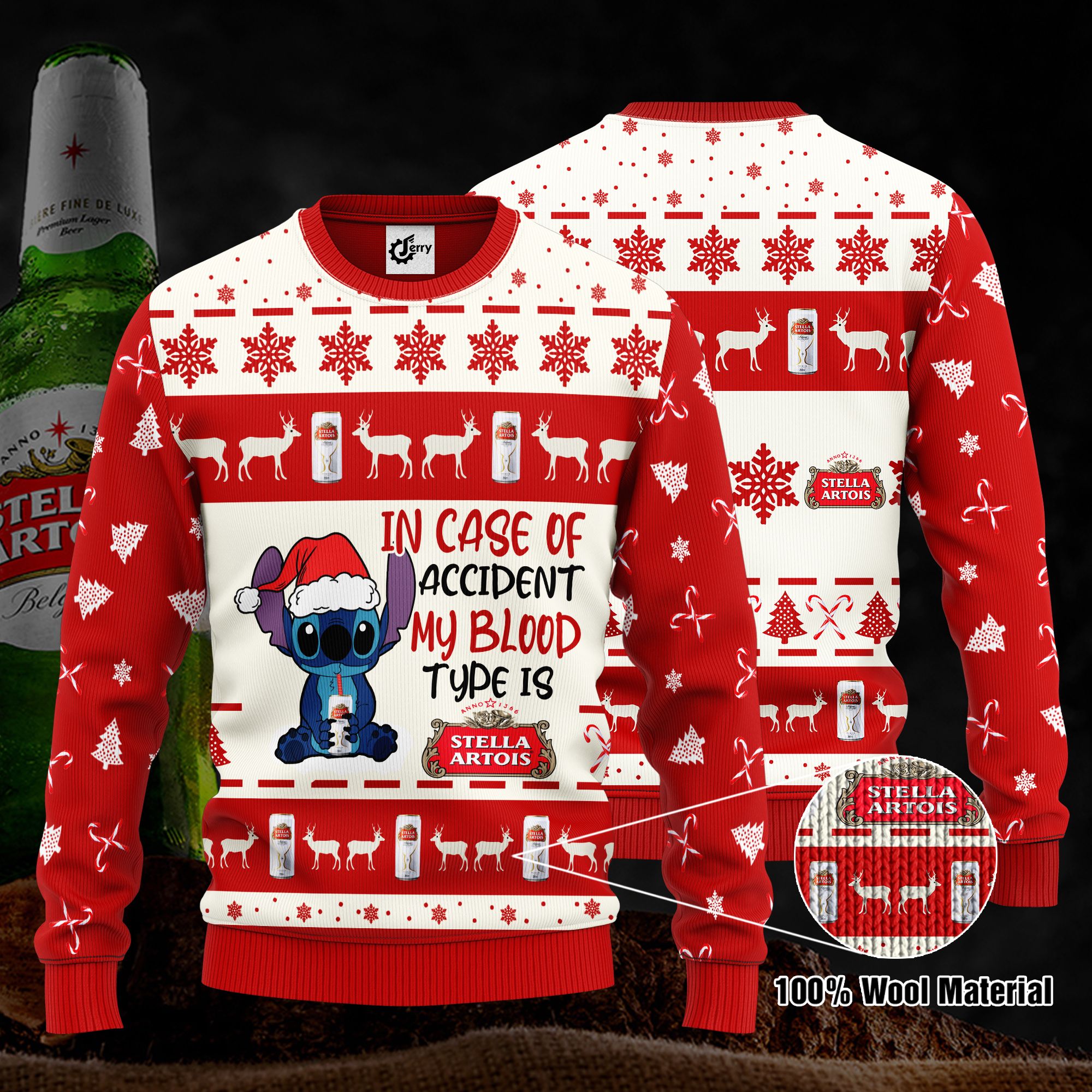 Stitch In Case Of Accident My Blood Type Is Stella Artois Ugly Christmas Sweater, Hoodie, Zip Hoodie, Bomber Jacket