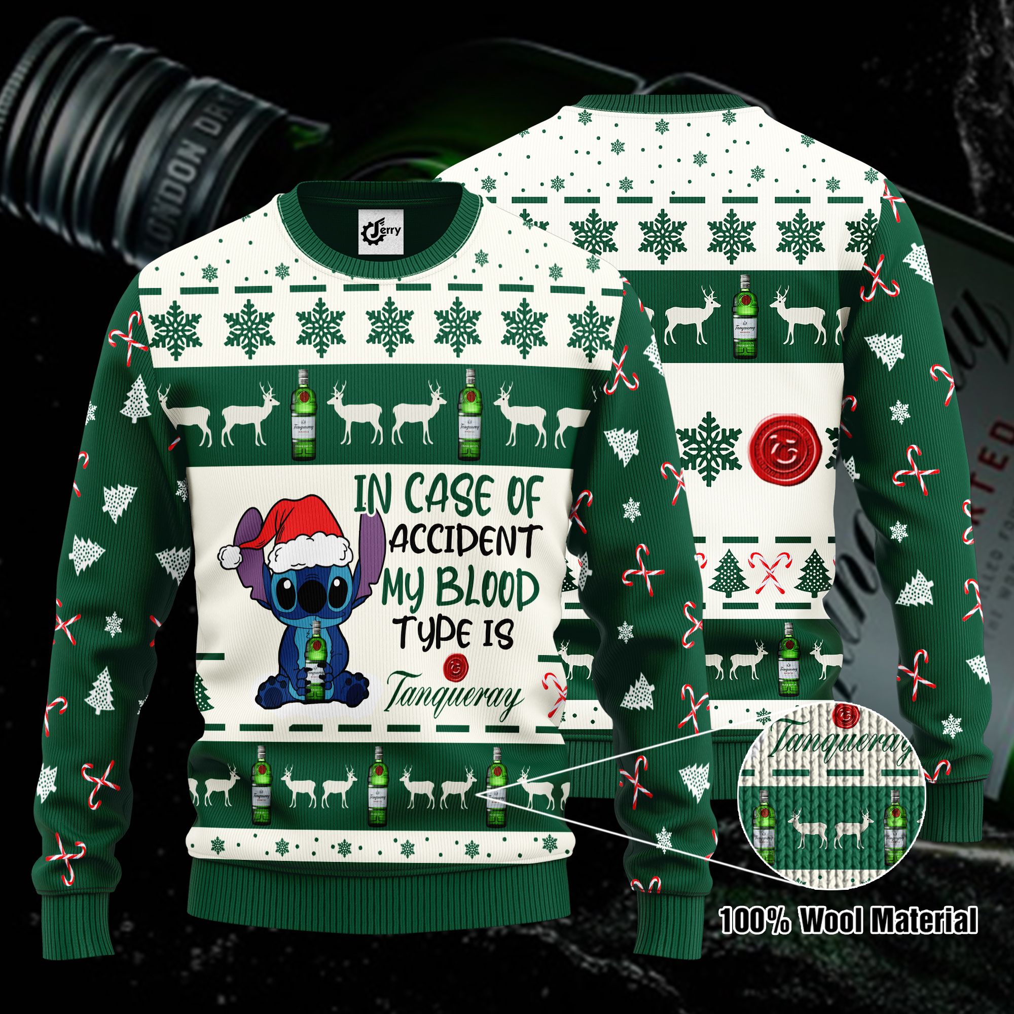 Stitch In Case Of Accident My Blood Type Is Tanqueray Ugly Christmas Sweater, Hoodie, Zip Hoodie, Bomber Jacket