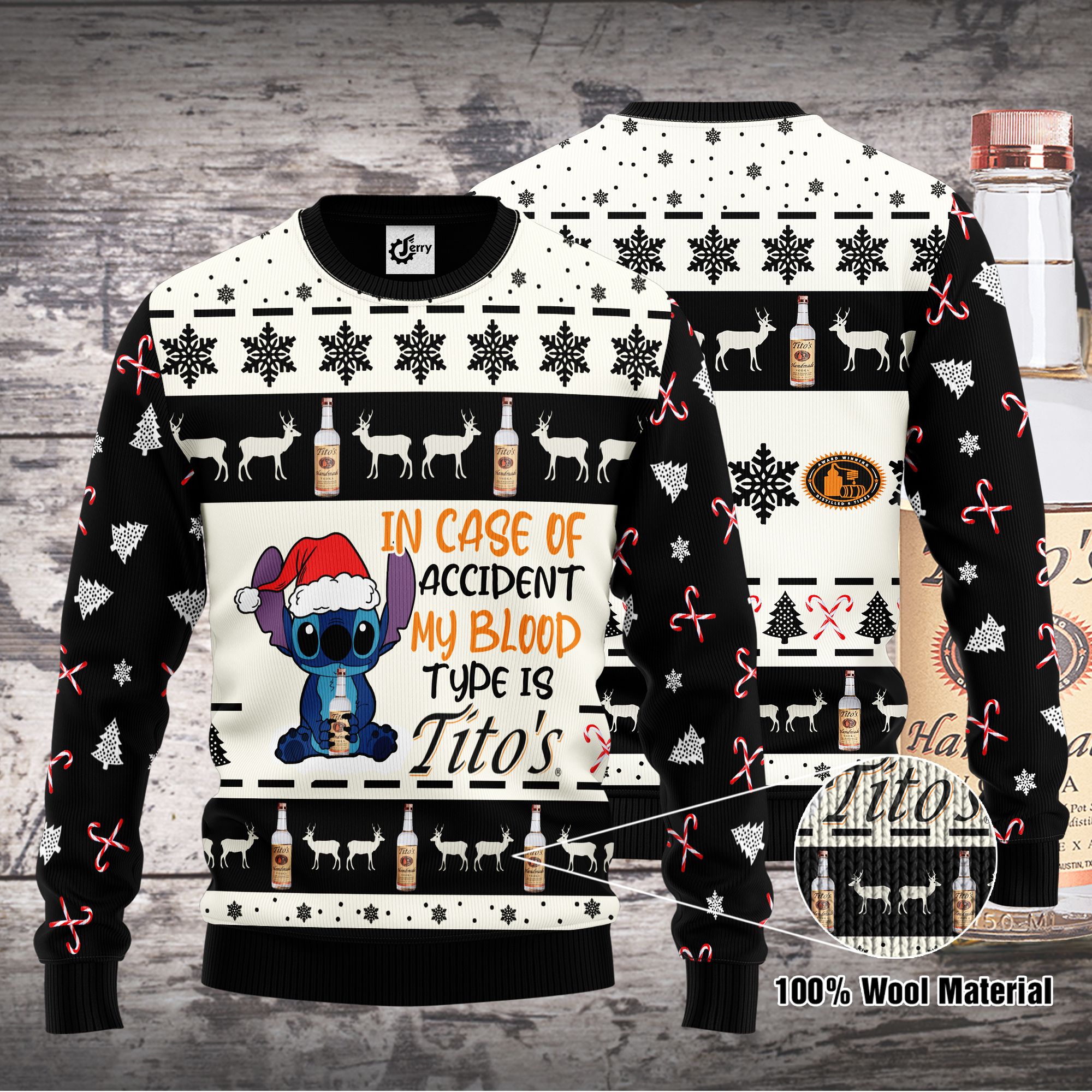 Stitch In Case Of Accident My Blood Type Is Tito's Ugly Christmas Sweater, Hoodie, Zip Hoodie, Bomber Jacket