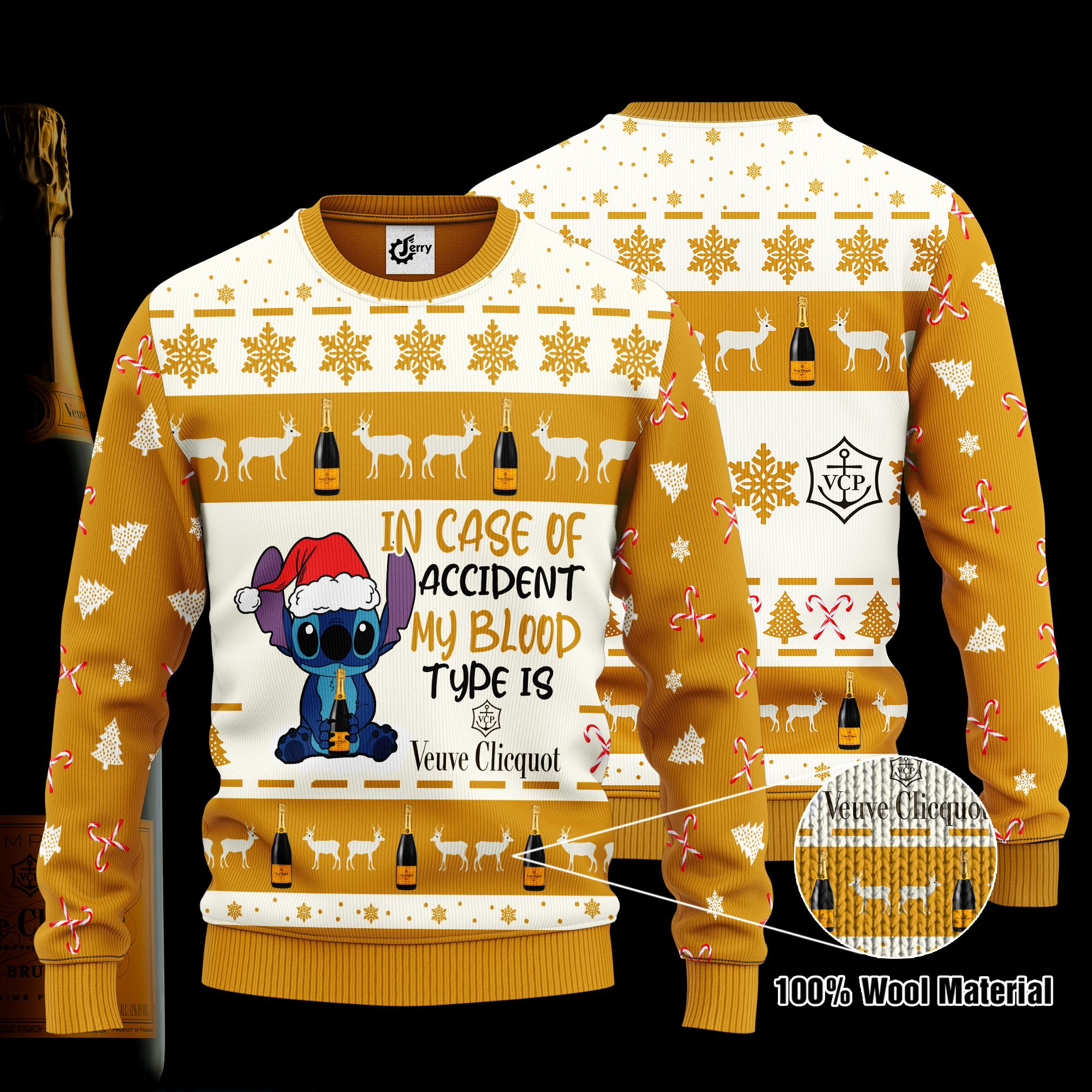 Stitch In Case Of Accident My Blood Type Is Veuve Clicquot Ugly Christmas Sweater, Hoodie, Zip Hoodie, Bomber Jacket